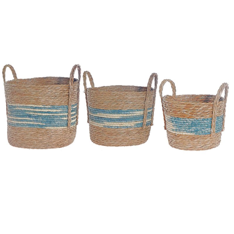 3Pc Natural Grass Basket With Handle Blue Stripe