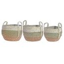 3Pc Natural Grass Basket With Handle Green & Natural