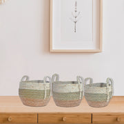 3 Piece Natural Grass Woven Storage Basket Set with Handles Decorative Home Organizer