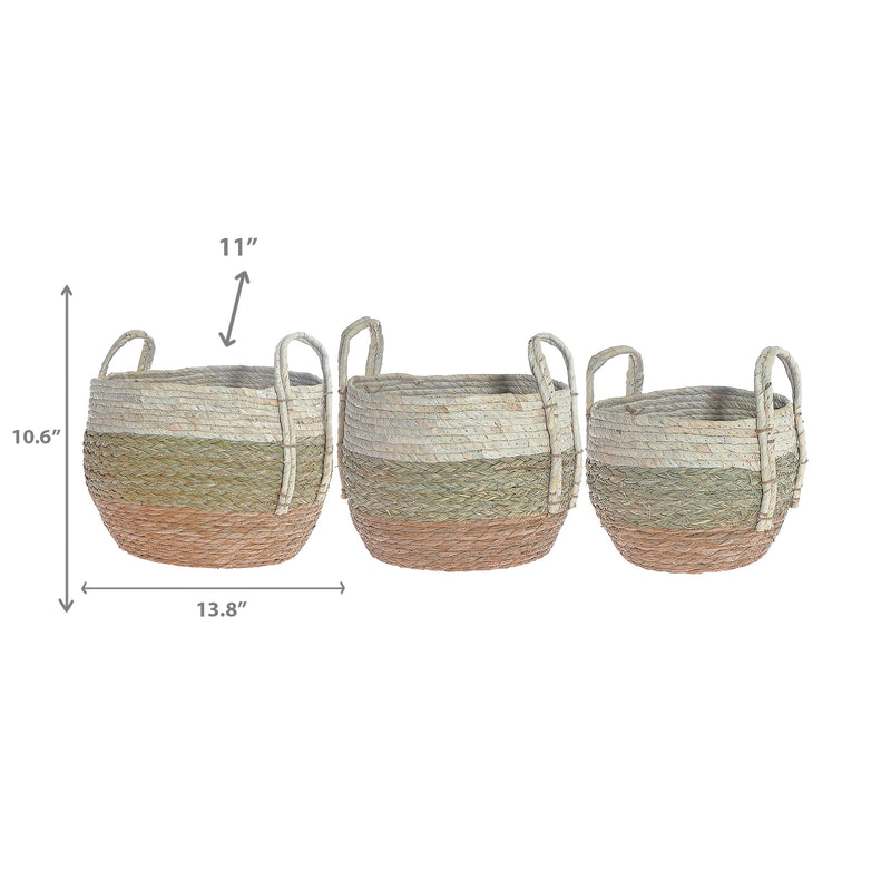 3Pc Natural Grass Basket With Handle Green & Natural