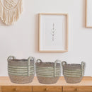 3Pc Natural Grass Basket Top Fringe W/ Handle Green & Natural