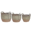 3Pc Natural Grass Basket Top Fringe W/ Handle Green & Natural