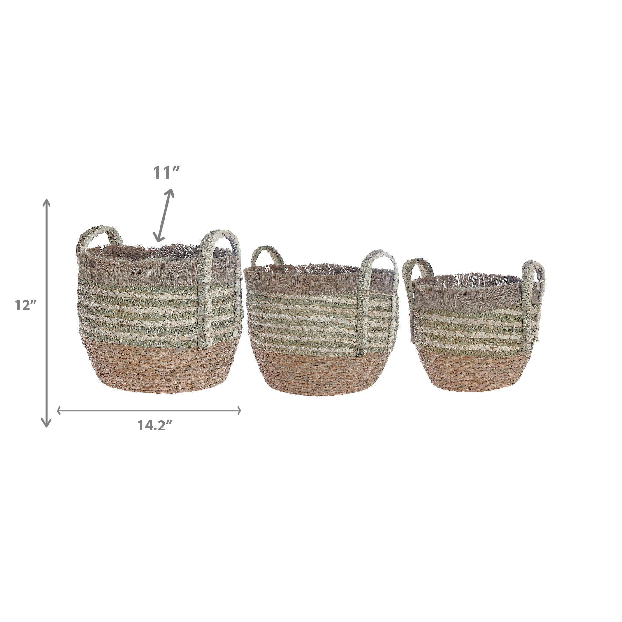 3 Piece Natural Grass Storage Basket Set with Fringe and Handles Woven Decorative Organizer