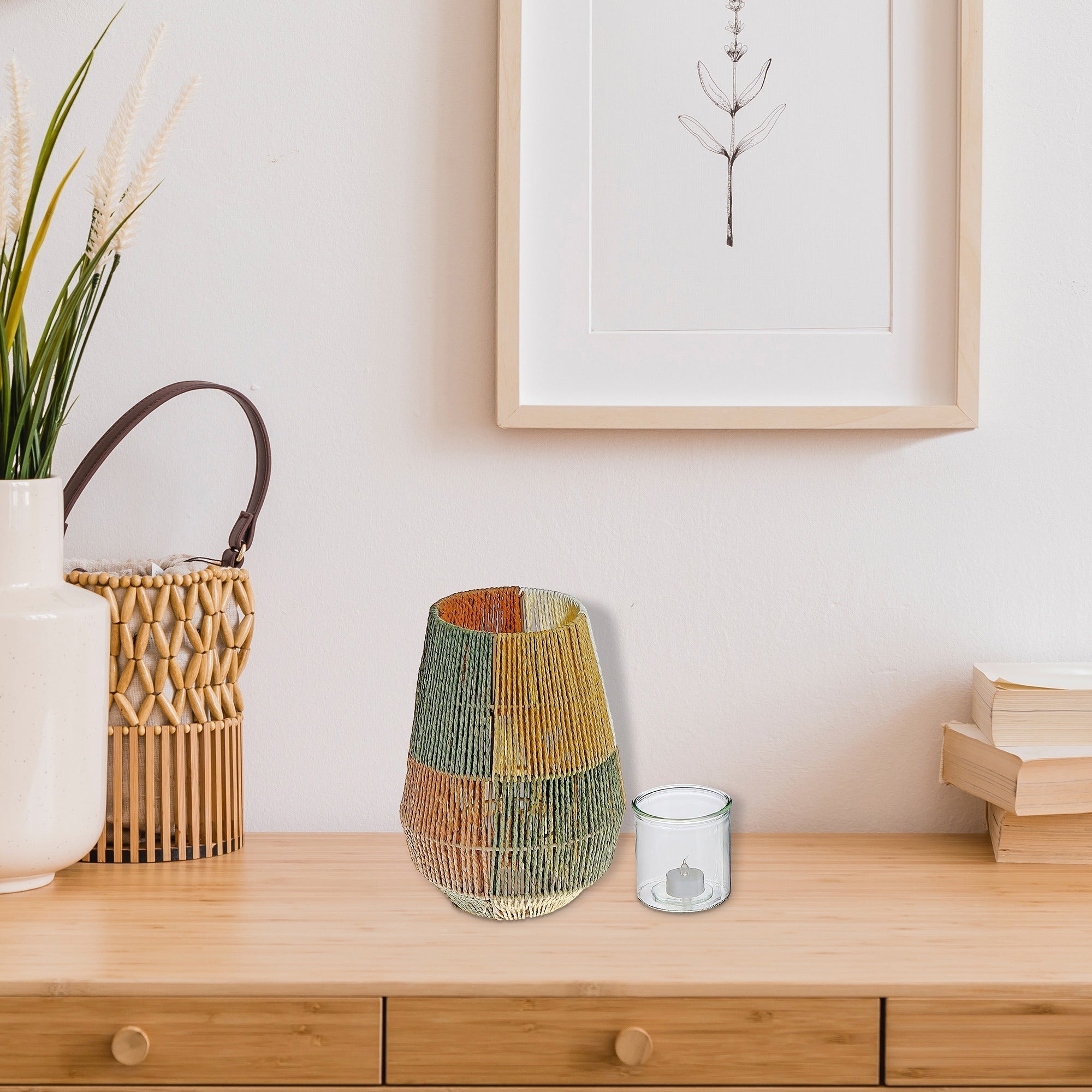 Oblong Paper Lantern Green Yellow, Oblong Paper Lantern Green Yellow, Decorative Hanging Light Accent