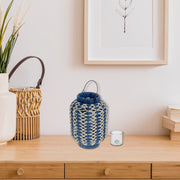 Anya Paper Rope Lantern With Handle Blue Beige Large, Large Paper Rope Lantern Blue Beige, Decorative Floor Lantern