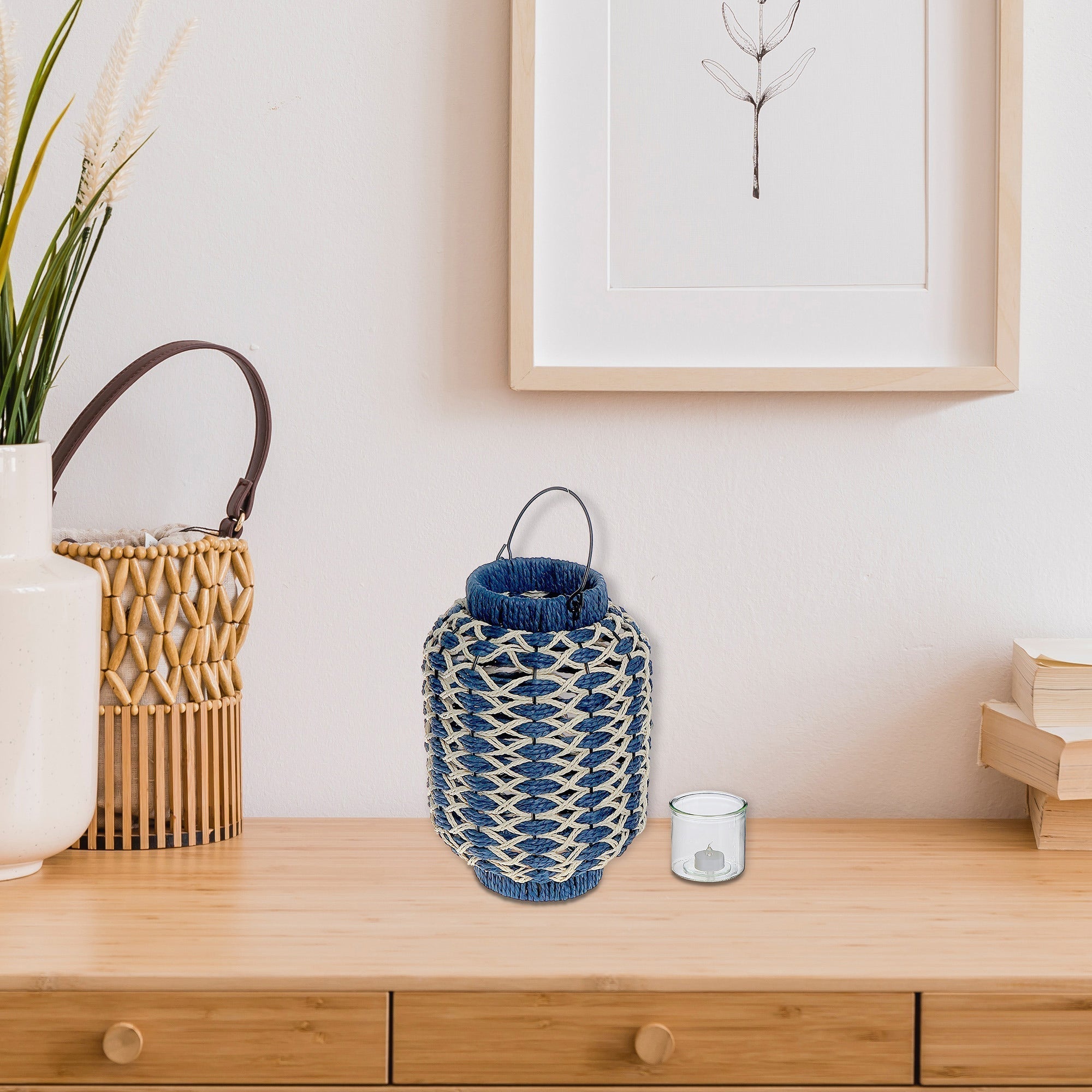 Anya Paper Rope Lantern With Handle Blue Beige Large, Large Paper Rope Lantern Blue Beige, Decorative Floor Lantern