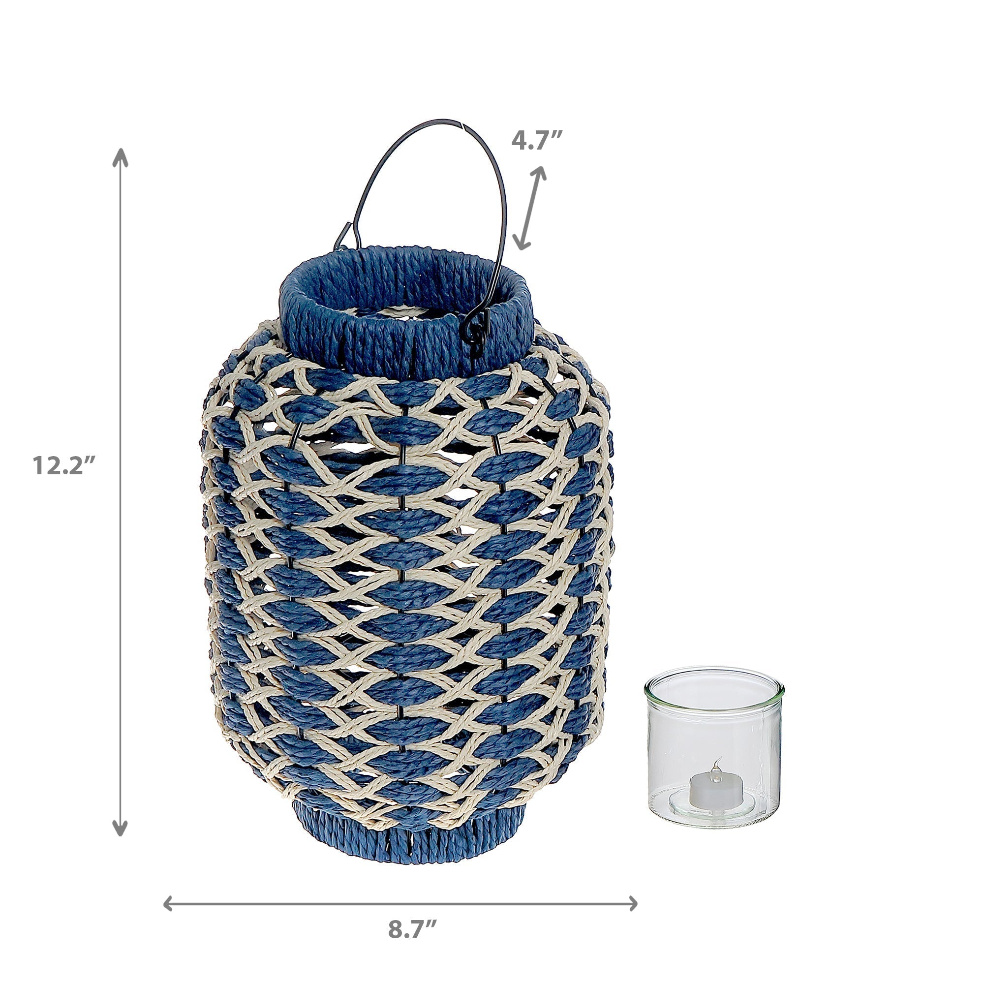 Anya Paper Rope Lantern With Handle Blue Beige Large, Large Paper Rope Lantern Blue Beige, Decorative Floor Lantern