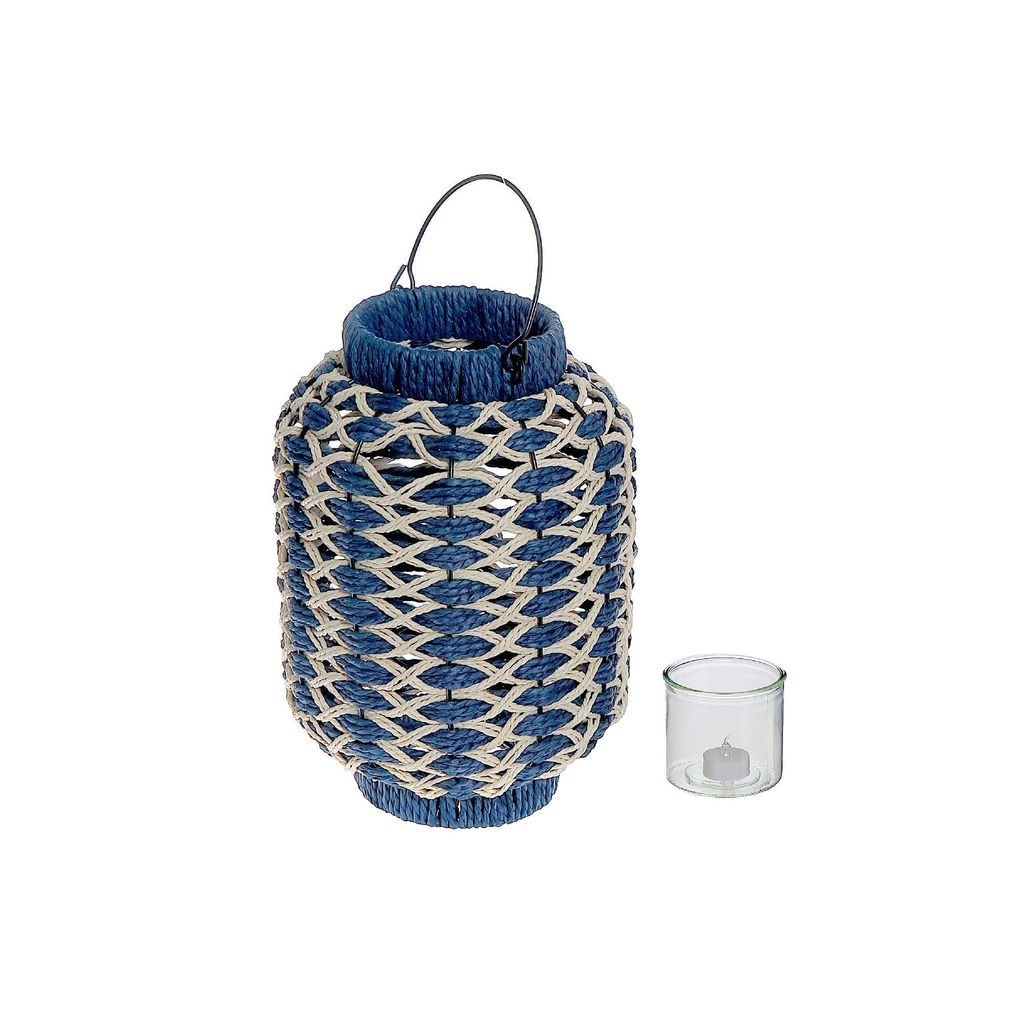 Anya Paper Rope Lantern With Handle Blue Beige Large, Large Paper Rope Lantern Blue Beige, Decorative Floor Lantern