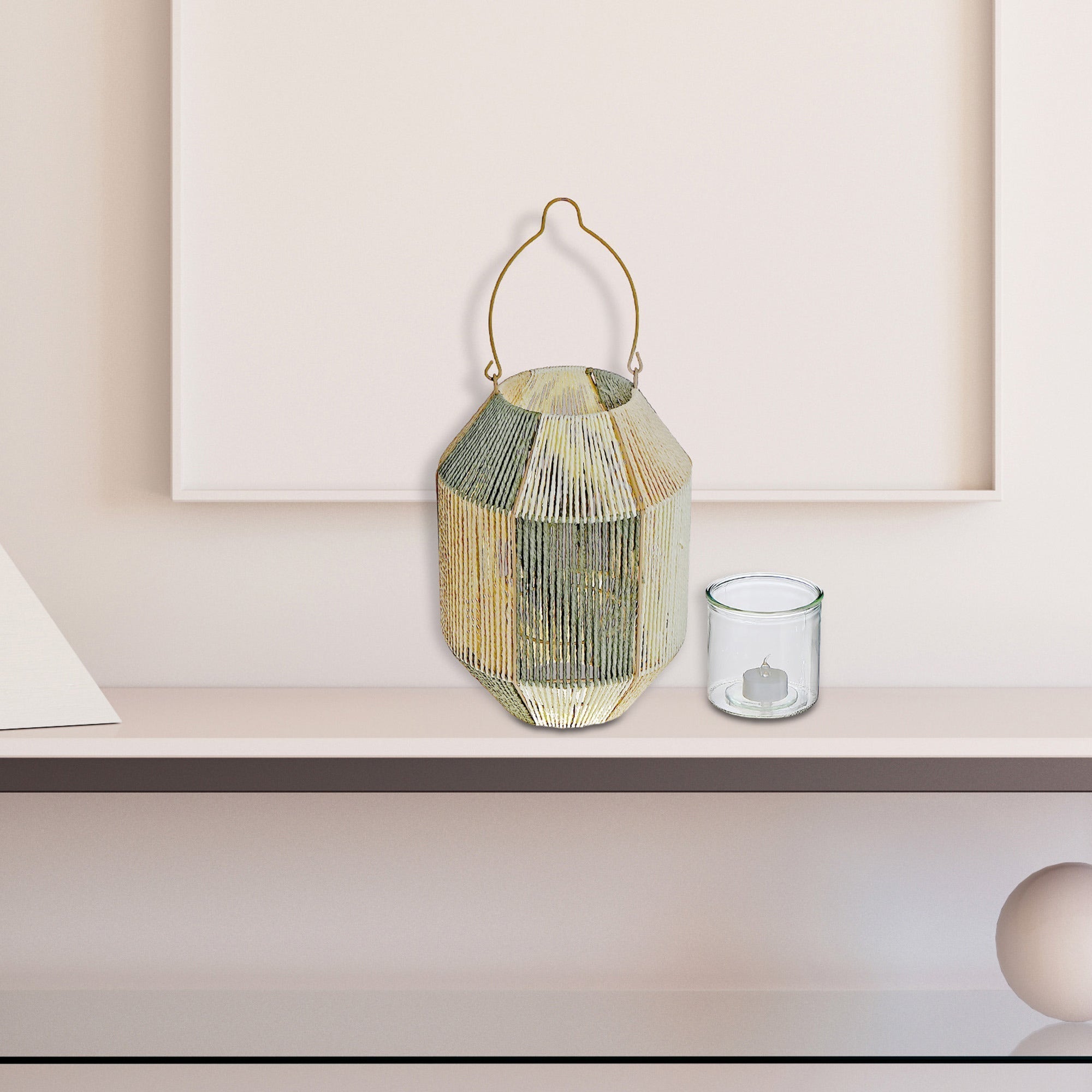 Luna Paper Rope Lantern With Handle Green Beige, Paper Rope Lantern With Handle Green Beige, Decorative Hanging Candle Holder