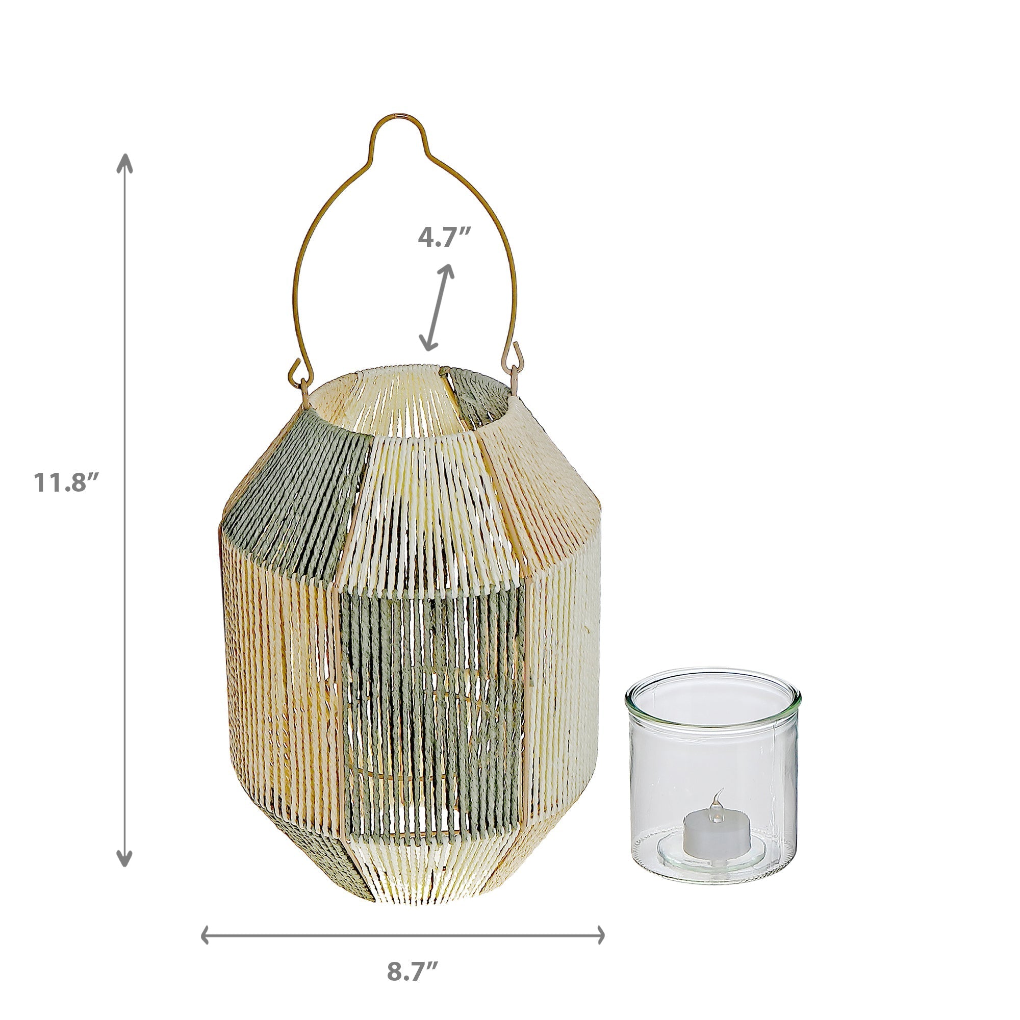 Luna Paper Rope Lantern With Handle Green Beige, Paper Rope Lantern With Handle Green Beige, Decorative Hanging Candle Holder