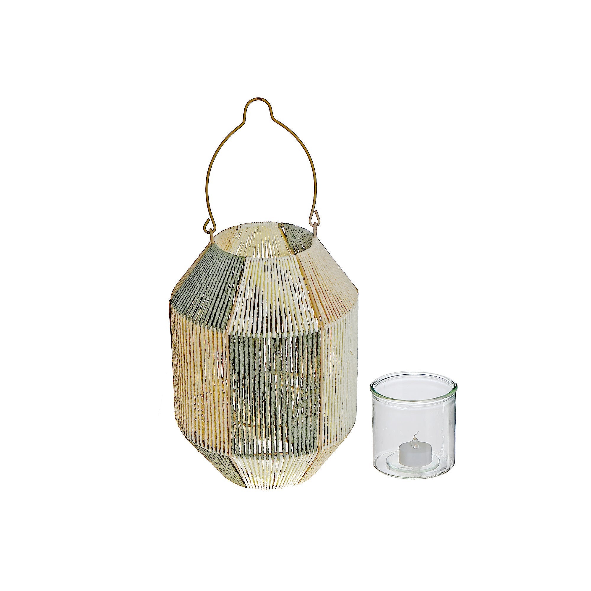 Luna Paper Rope Lantern With Handle Green Beige, Paper Rope Lantern With Handle Green Beige, Decorative Hanging Candle Holder