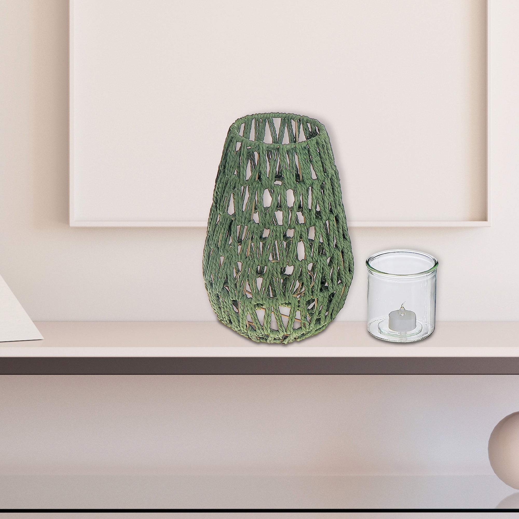 Nova Paper Rope Lantern Green, Green Paper Rope Lantern, Decorative Candle Holder, Indoor Outdoor Accent