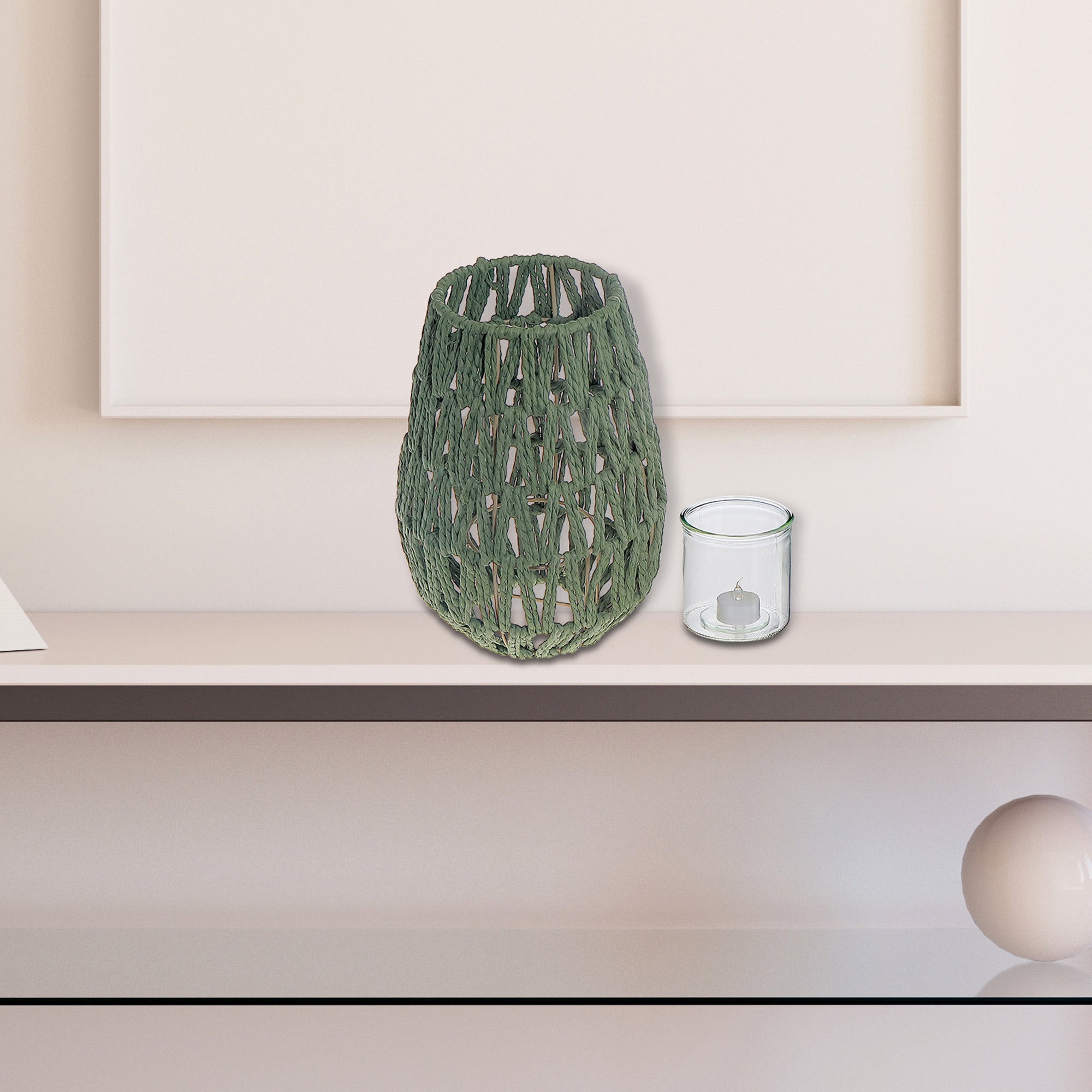 Nova Paper Rope Lantern Green, Green Paper Rope Lantern, Decorative Candle Holder, Indoor Outdoor Accent