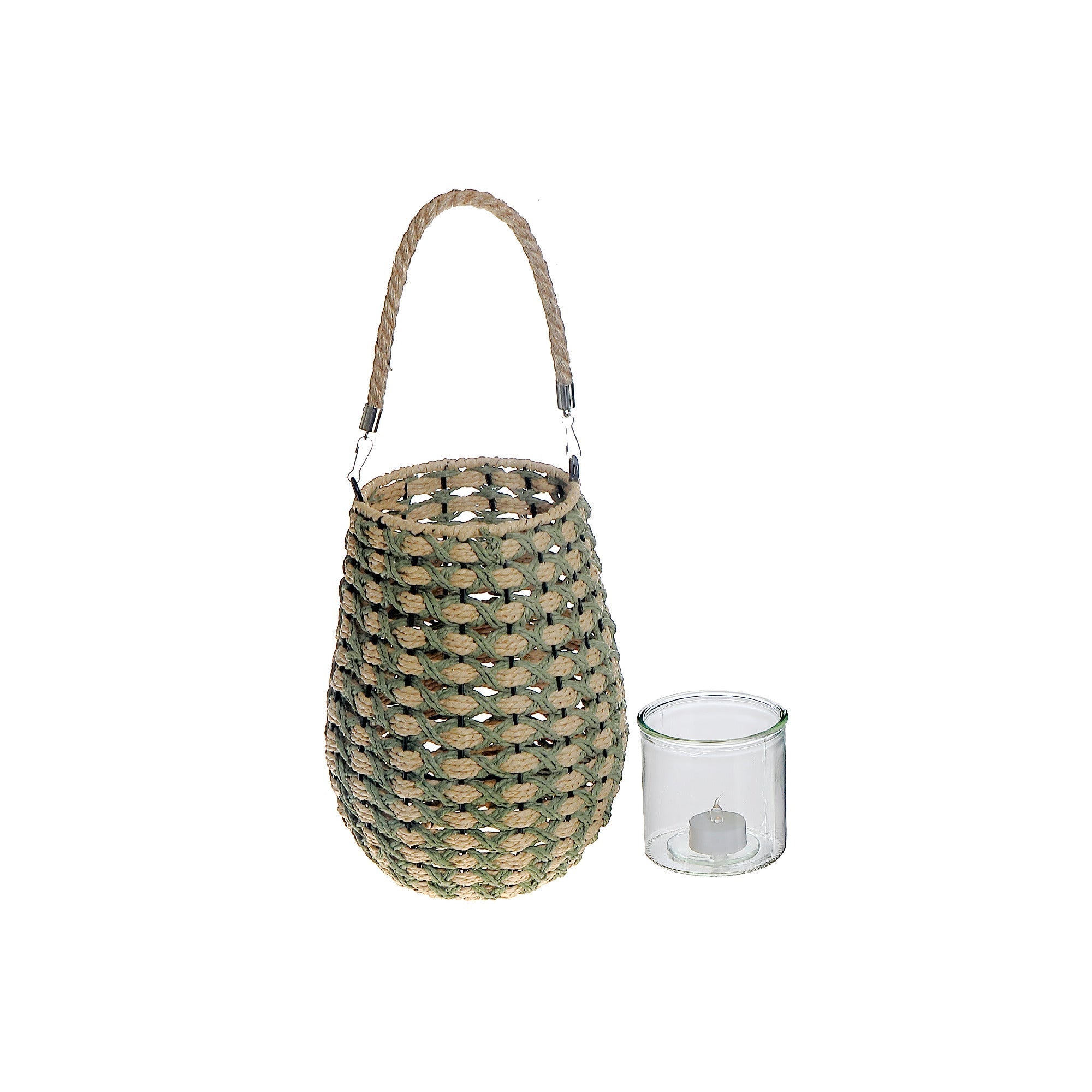 Freya Paper Rope Lantern With Handle Natural Green, Paper Rope Lantern With Handle, Decorative Hanging Candle Holder