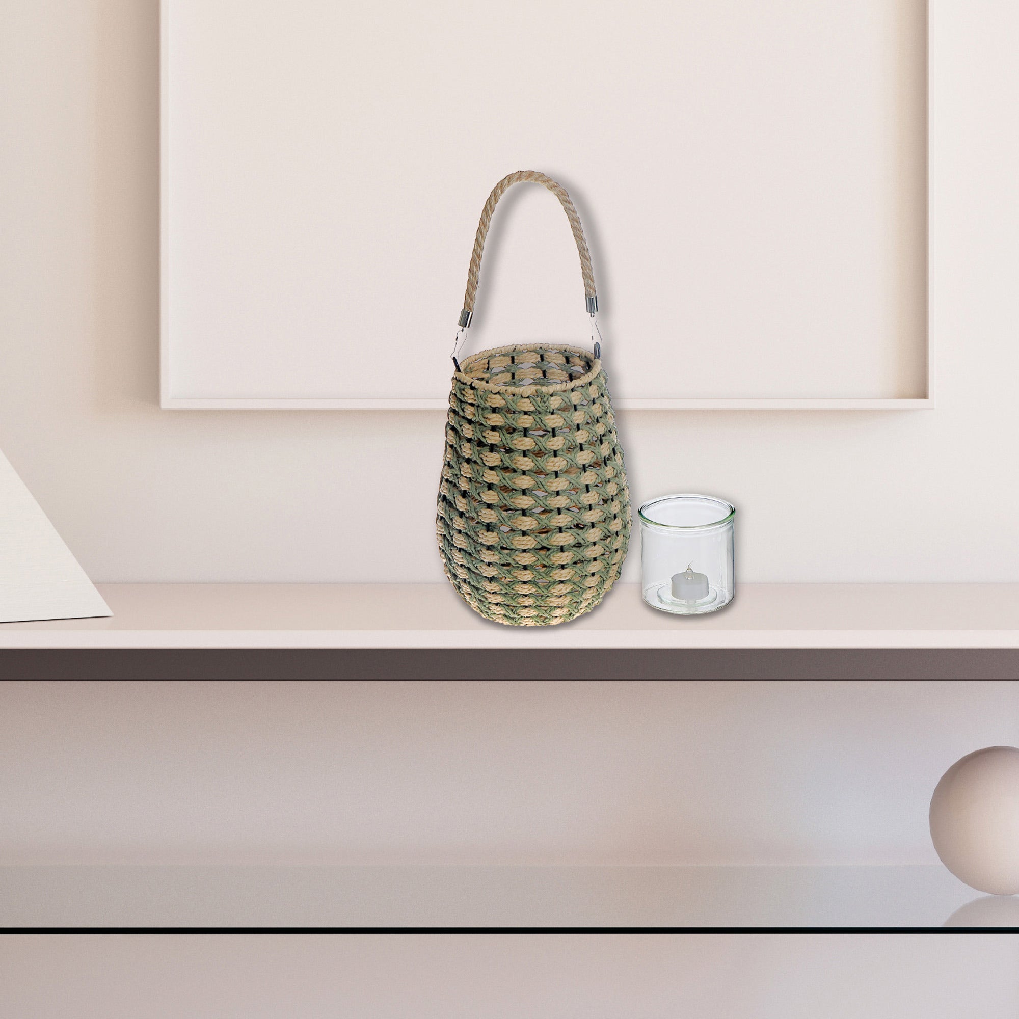 Freya Paper Rope Lantern With Handle Natural Green, Paper Rope Lantern With Handle, Decorative Hanging Candle Holder