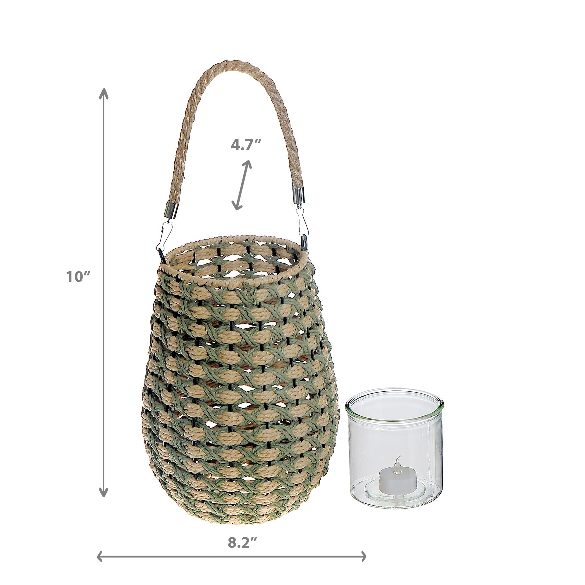 Freya Paper Rope Lantern With Handle Natural Green, Paper Rope Lantern With Handle, Decorative Hanging Candle Holder