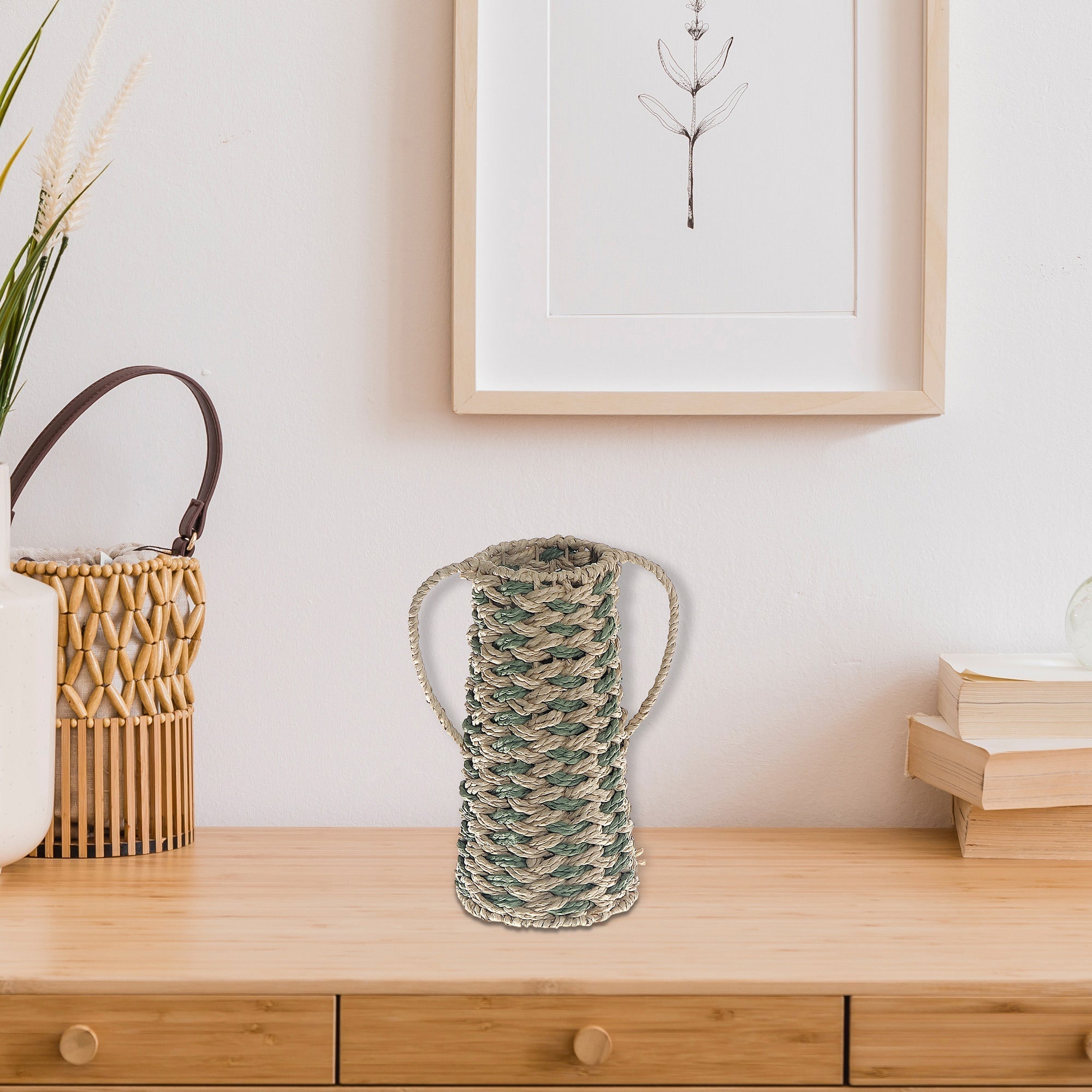 Aria Paper Rope Vase with Handle, Handmade Rustic or Boho Decorative Vase, Table Centerpiece, Floral Holder