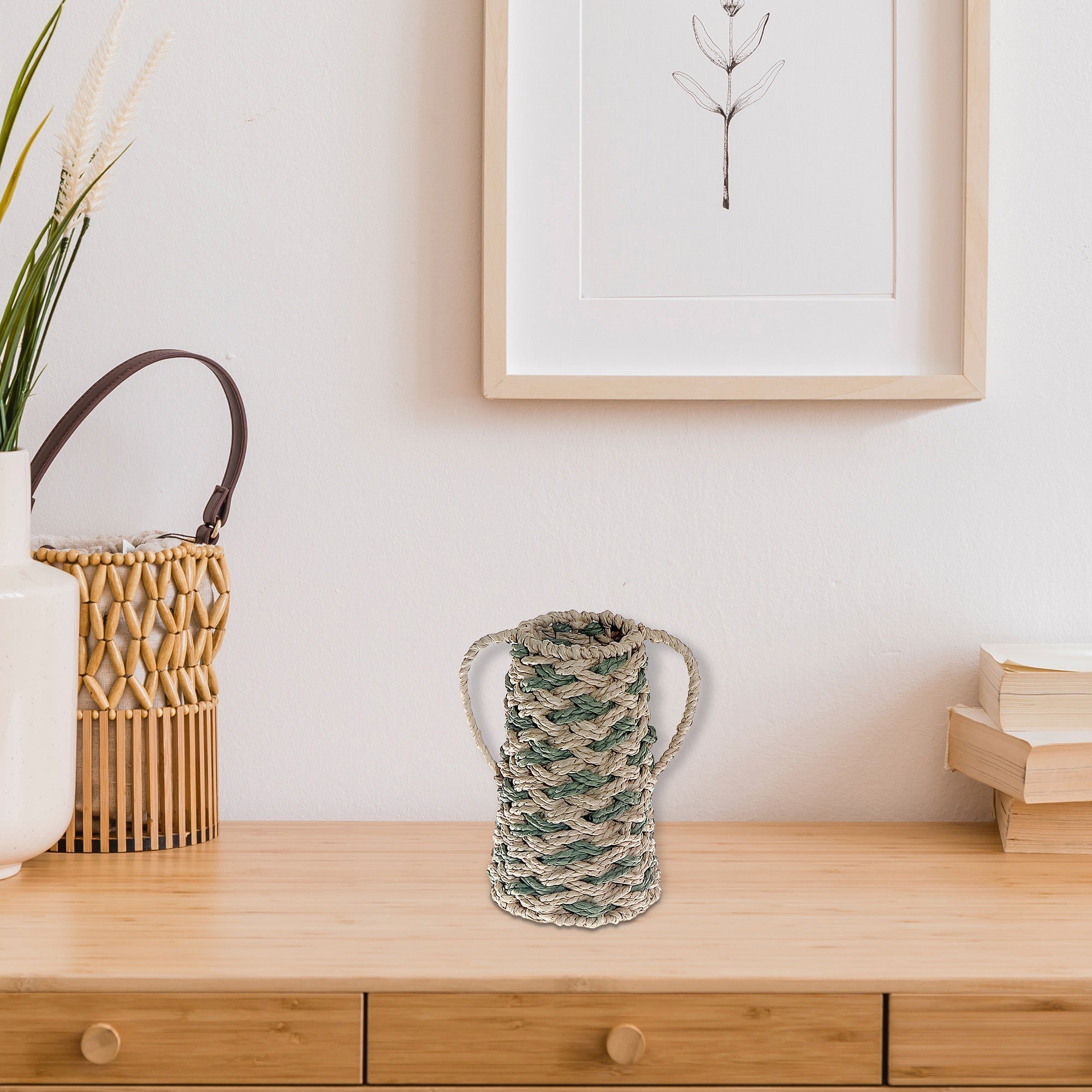 Aria Paper Rope Vase with Handle, Handmade Rustic or Boho Decorative Vase, Table Centerpiece, Floral Holder
