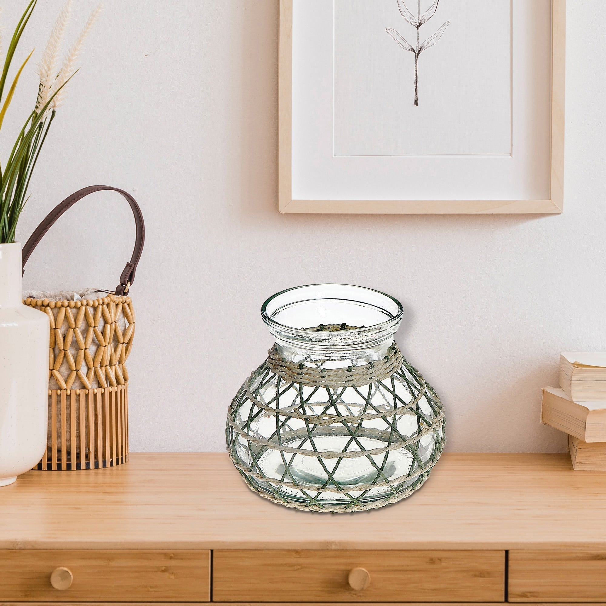 Lana Paper Rope Glass Pot Candle Holder Green Beige, Paper Rope Glass Pot Candle Holder, Rustic Tabletop Lantern