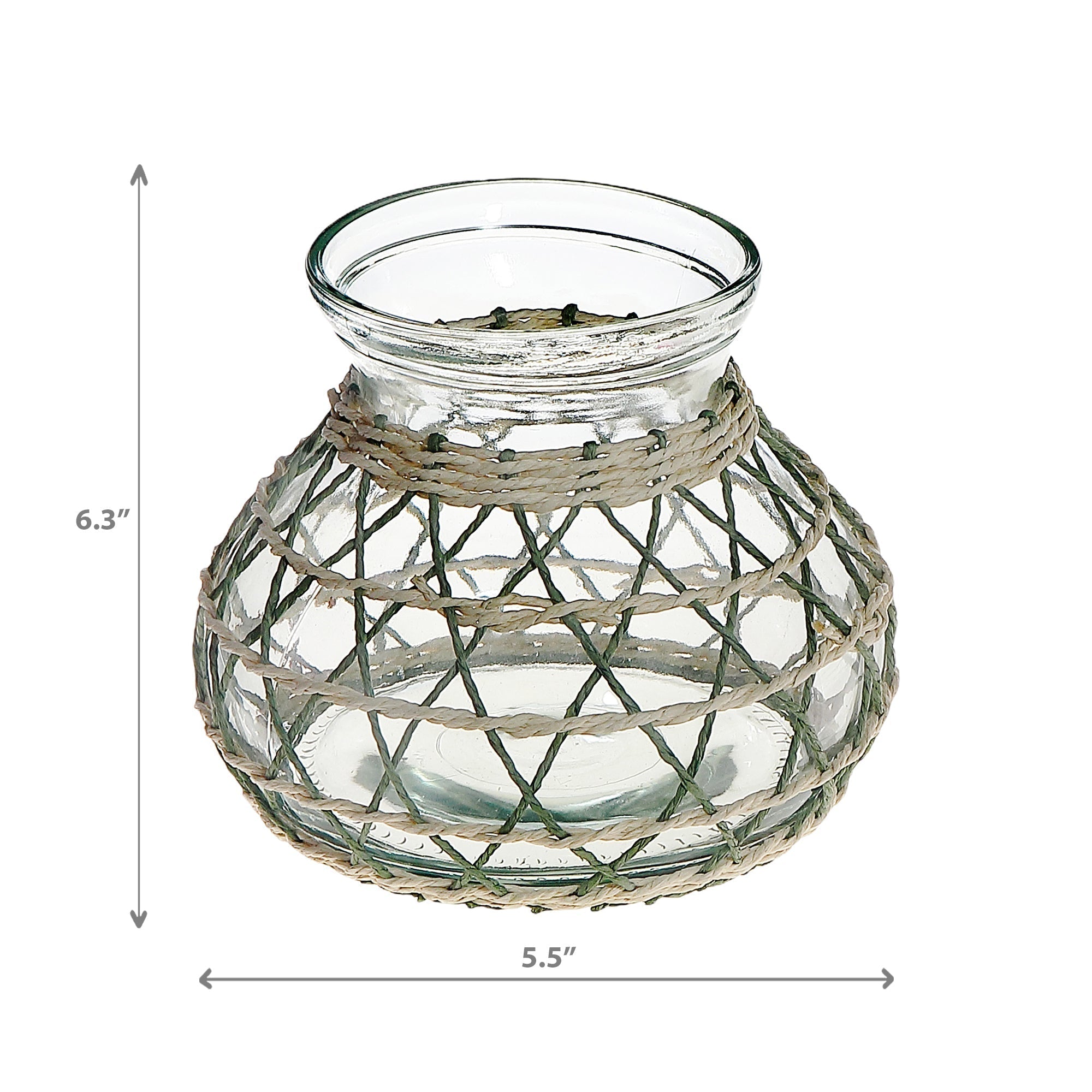 Lana Paper Rope Glass Pot Candle Holder Green Beige, Paper Rope Glass Pot Candle Holder, Rustic Tabletop Lantern