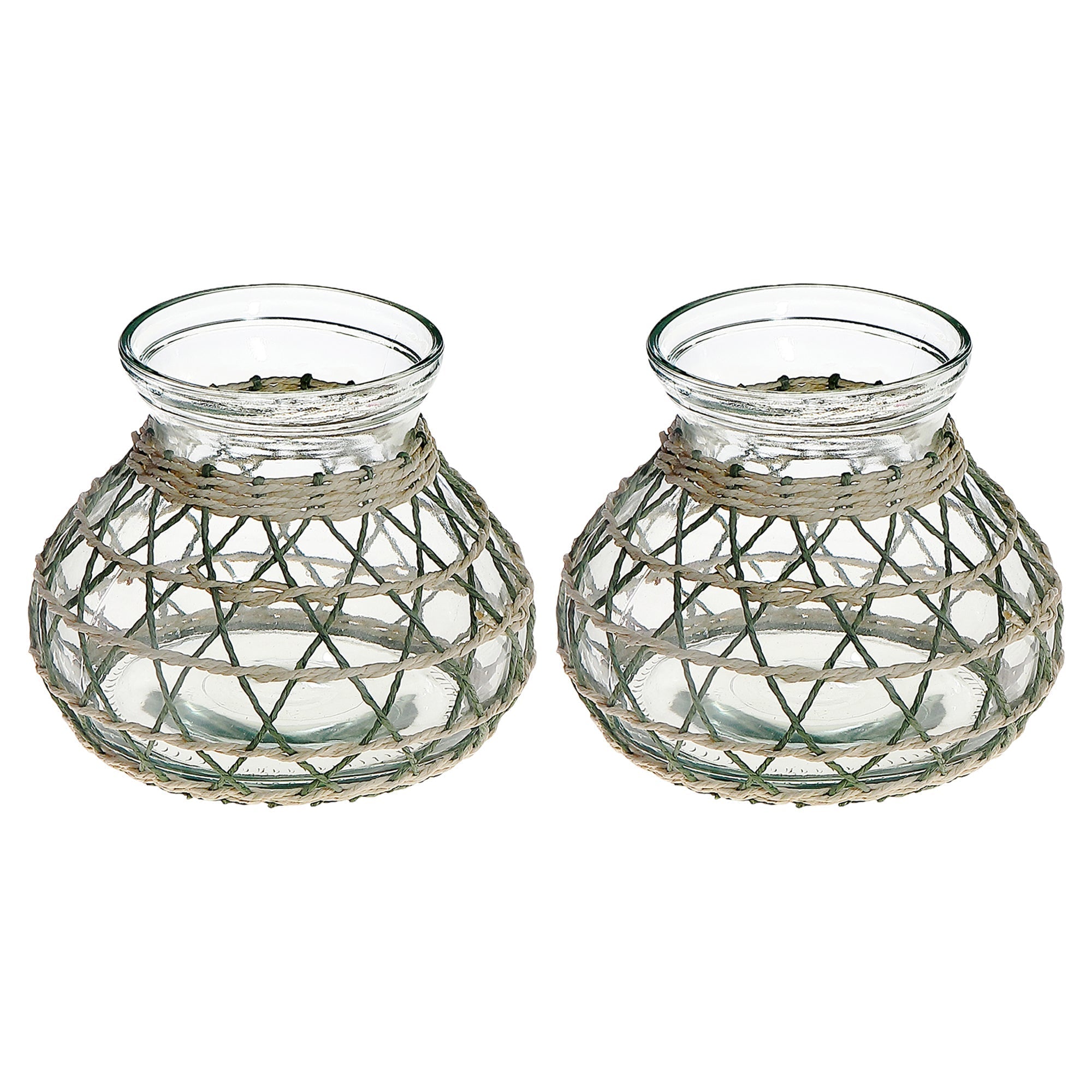 Lana Paper Rope Glass Pot Candle Holder Green Beige, Paper Rope Glass Pot Candle Holder, Rustic Tabletop Lantern