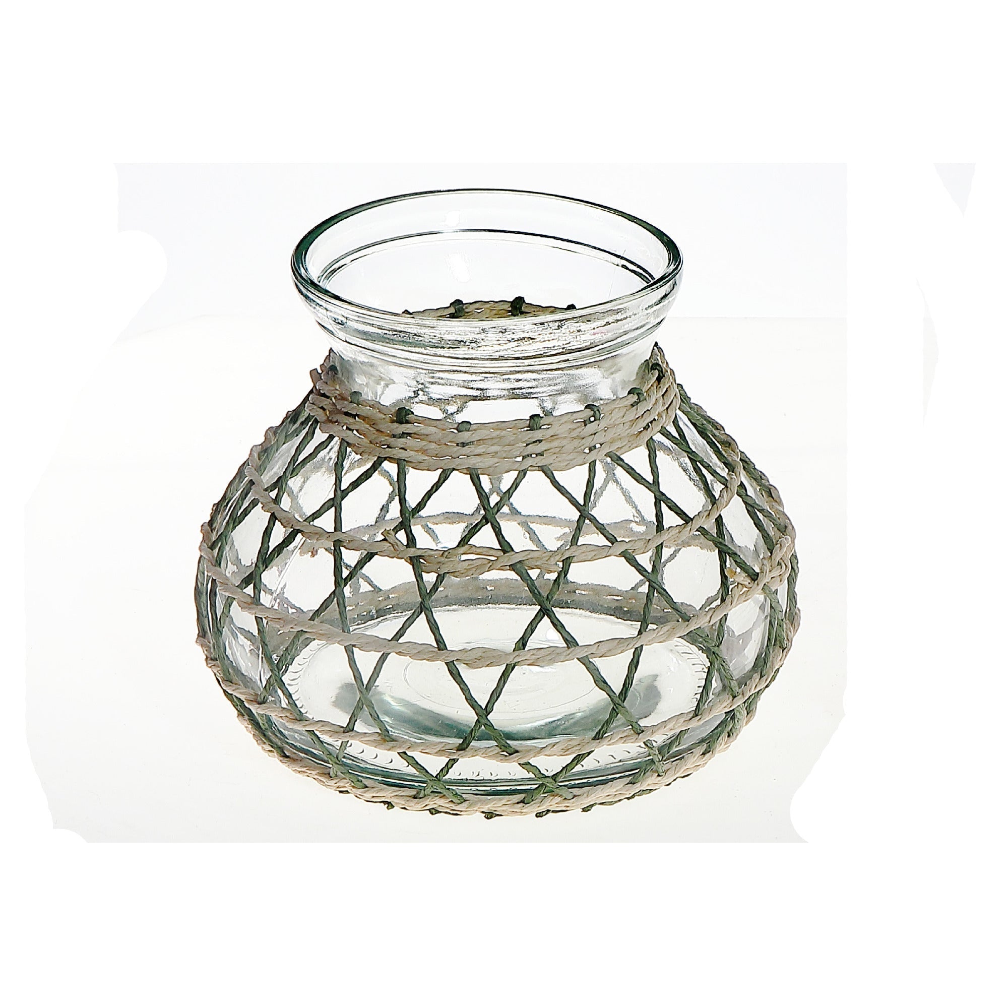 Lana Paper Rope Glass Pot Candle Holder Green Beige, Paper Rope Glass Pot Candle Holder, Rustic Tabletop Lantern