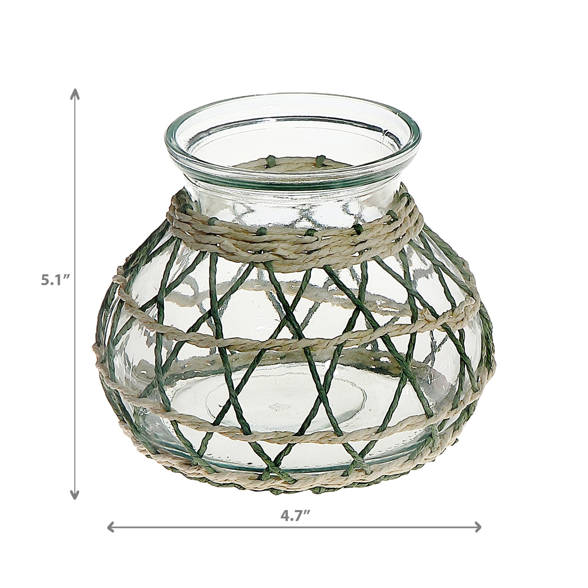 Lana Paper Rope Glass Pot Candle Holder Green Beige, Paper Rope Glass Pot Candle Holder, Rustic Tabletop Lantern