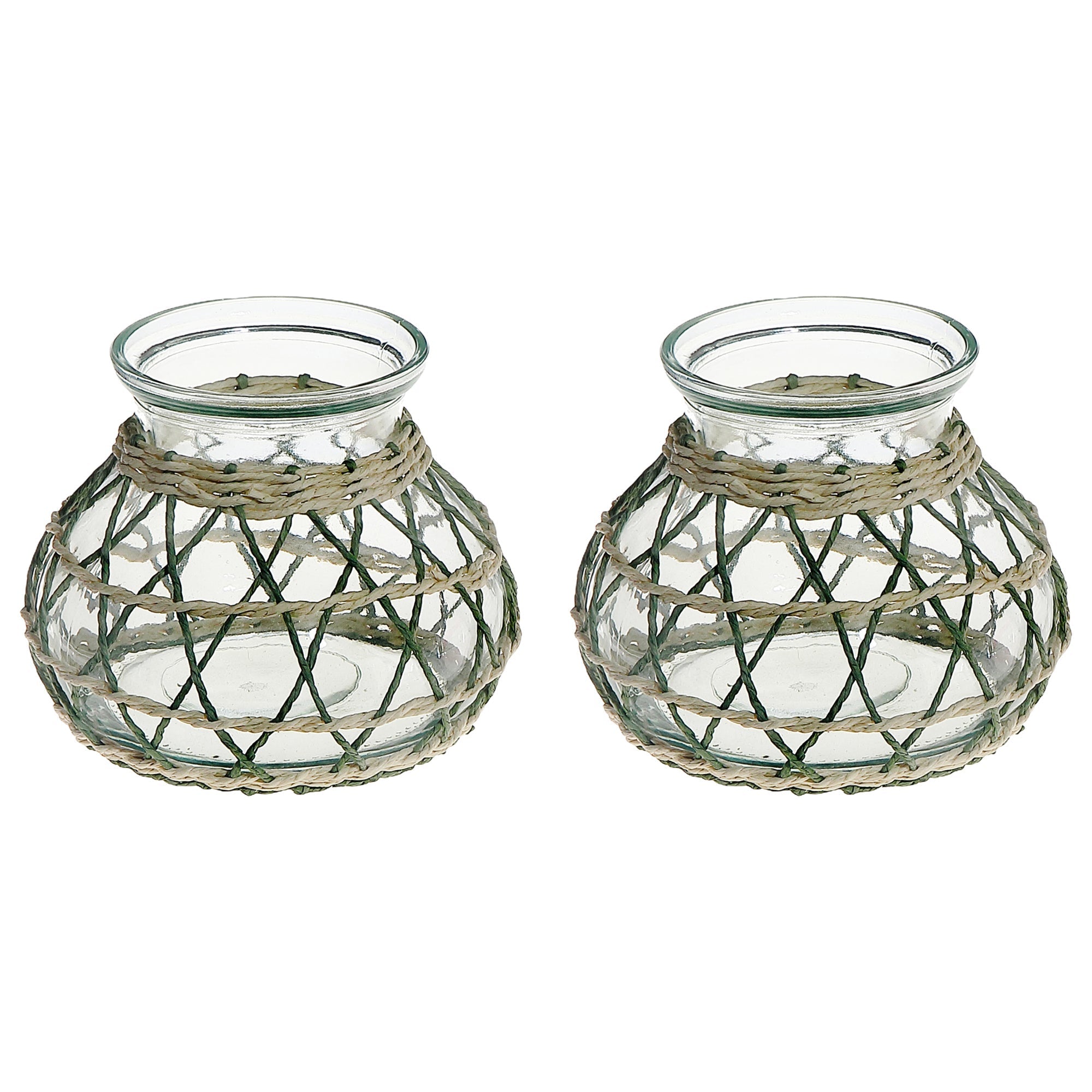 Lana Paper Rope Glass Pot Candle Holder Green Beige, Paper Rope Glass Pot Candle Holder, Rustic Tabletop Lantern