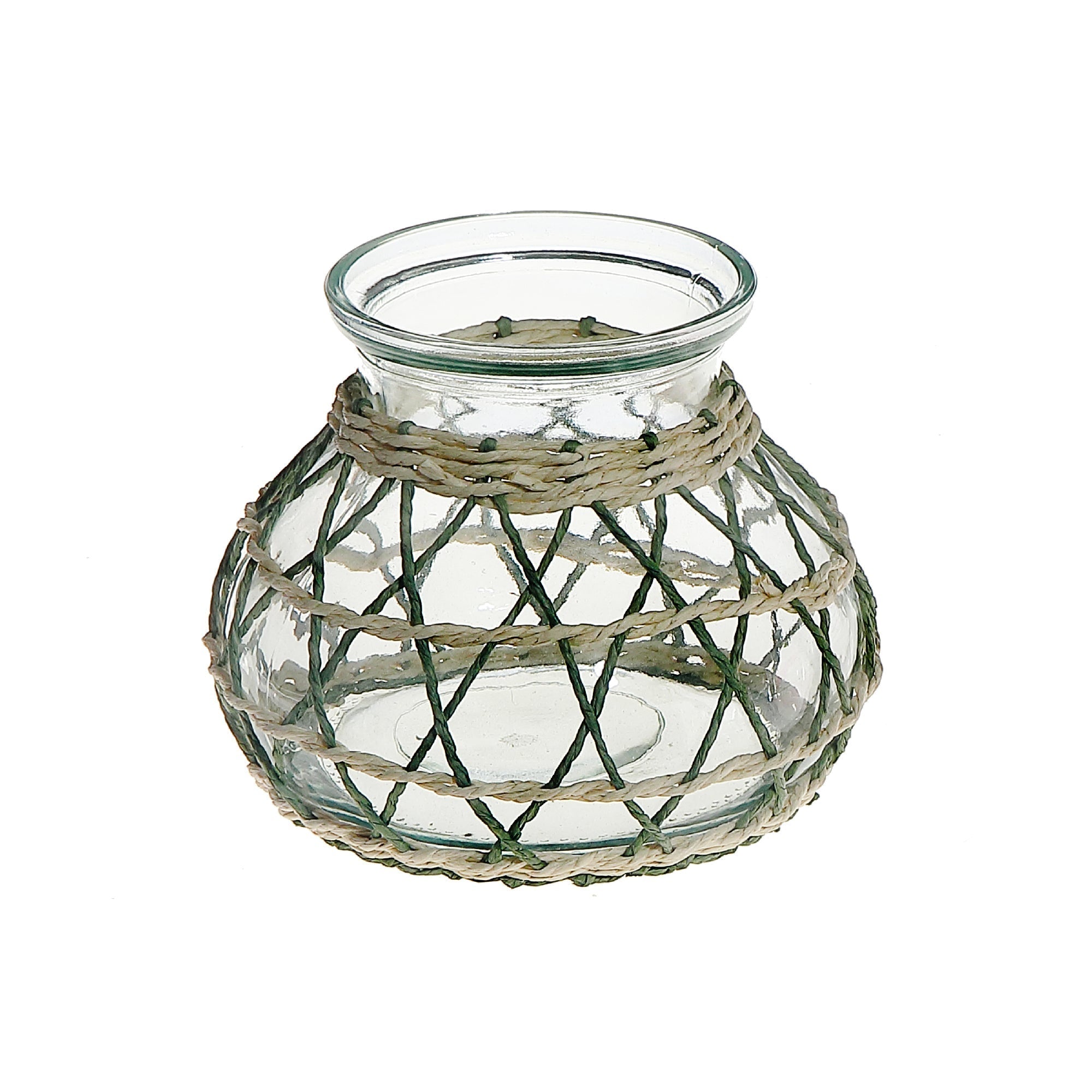 Lana Paper Rope Glass Pot Candle Holder Green Beige, Paper Rope Glass Pot Candle Holder, Rustic Tabletop Lantern