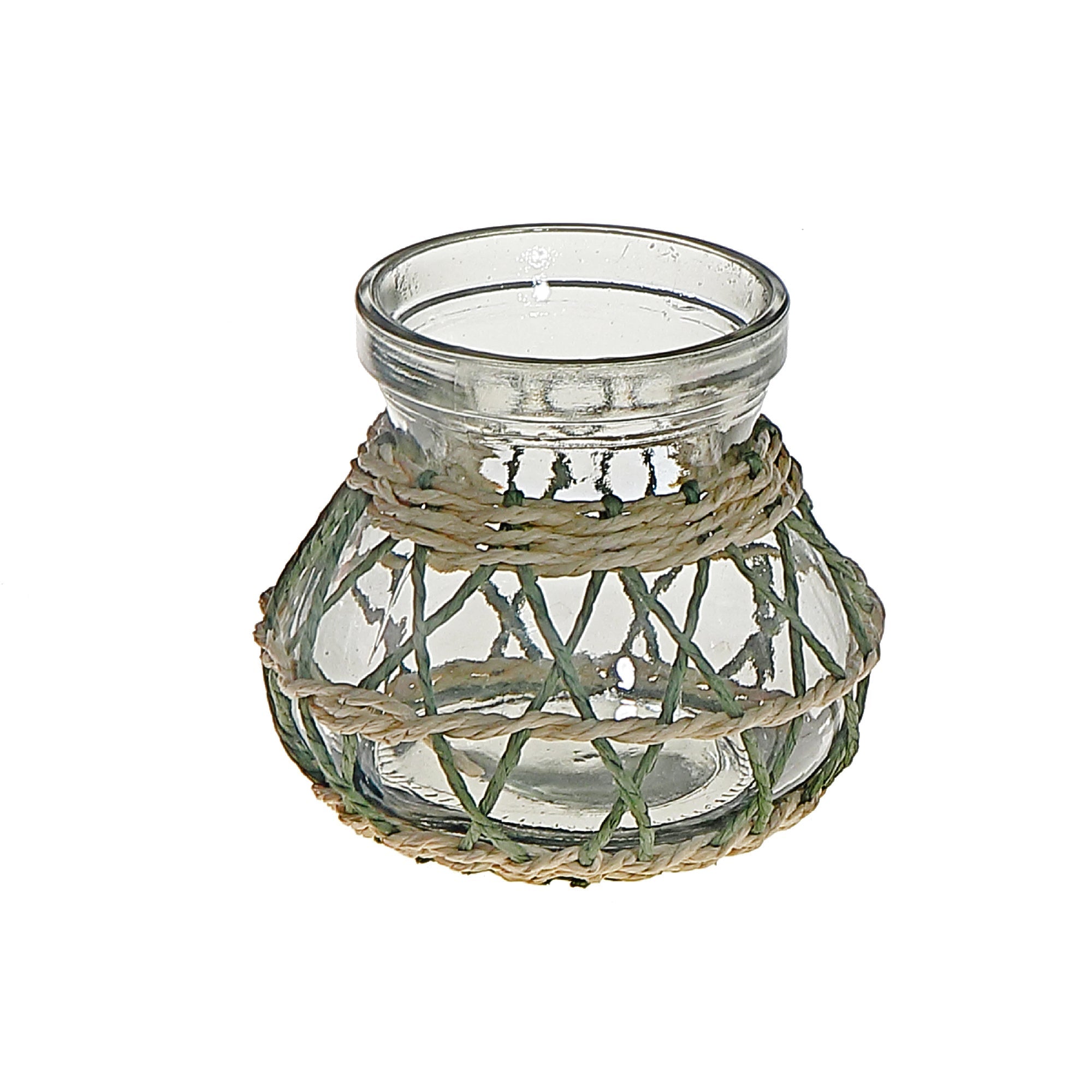 Lana Paper Rope Glass Pot Candle Holder Green Beige, Paper Rope Glass Pot Candle Holder, Rustic Tabletop Lantern