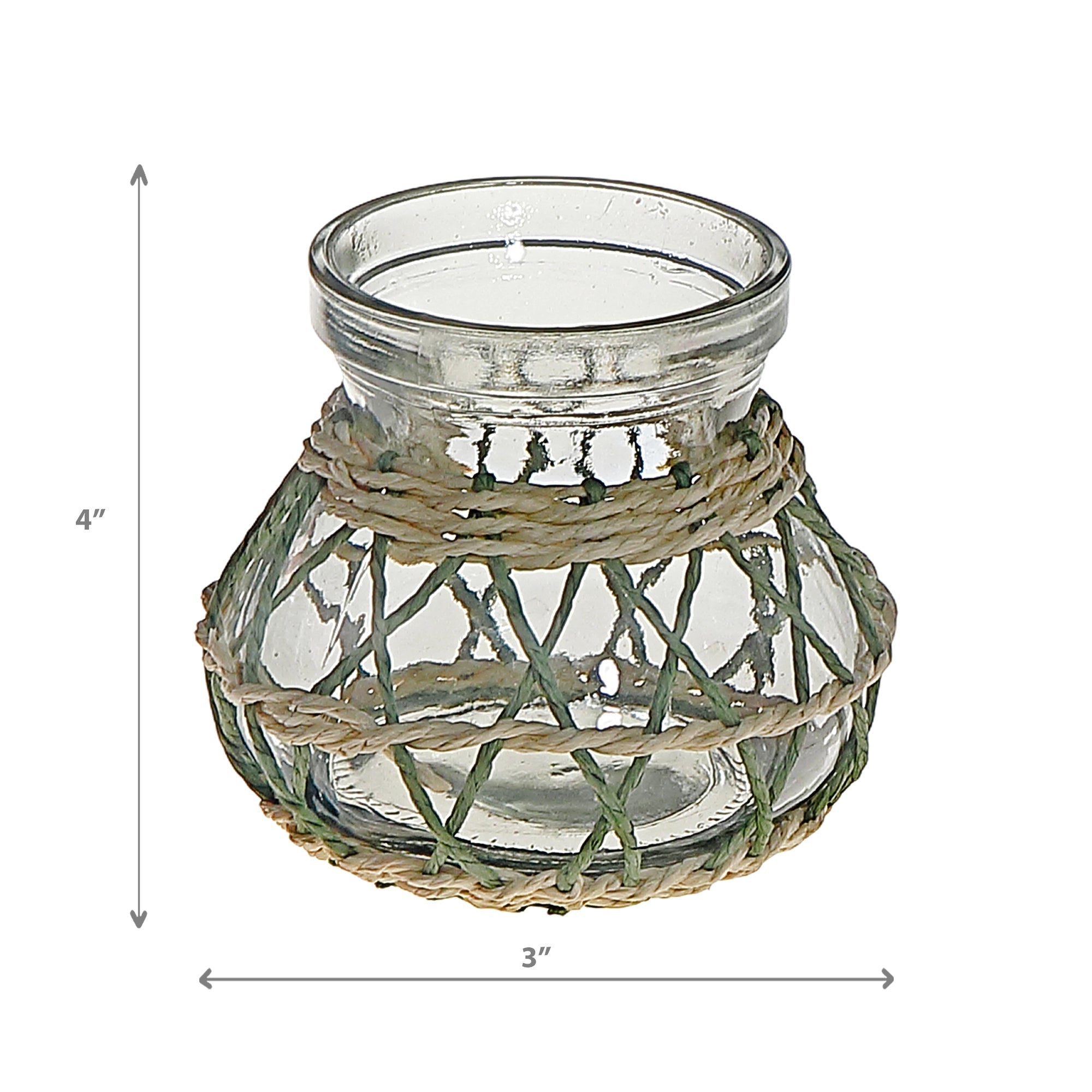 Lana Paper Rope Glass Pot Candle Holder Green Beige, Paper Rope Glass Pot Candle Holder, Rustic Tabletop Lantern