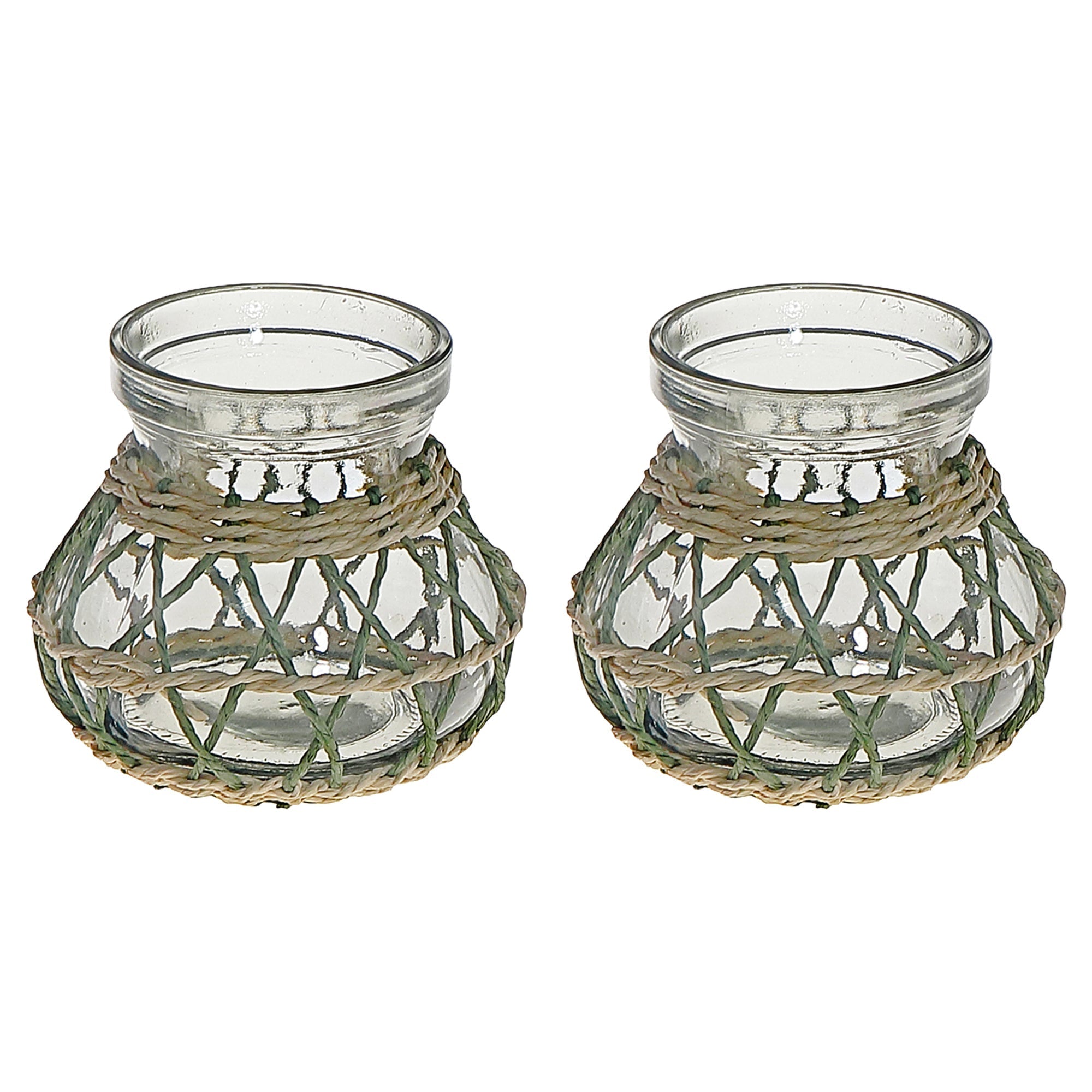 Lana Paper Rope Glass Pot Candle Holder Green Beige, Paper Rope Glass Pot Candle Holder, Rustic Tabletop Lantern