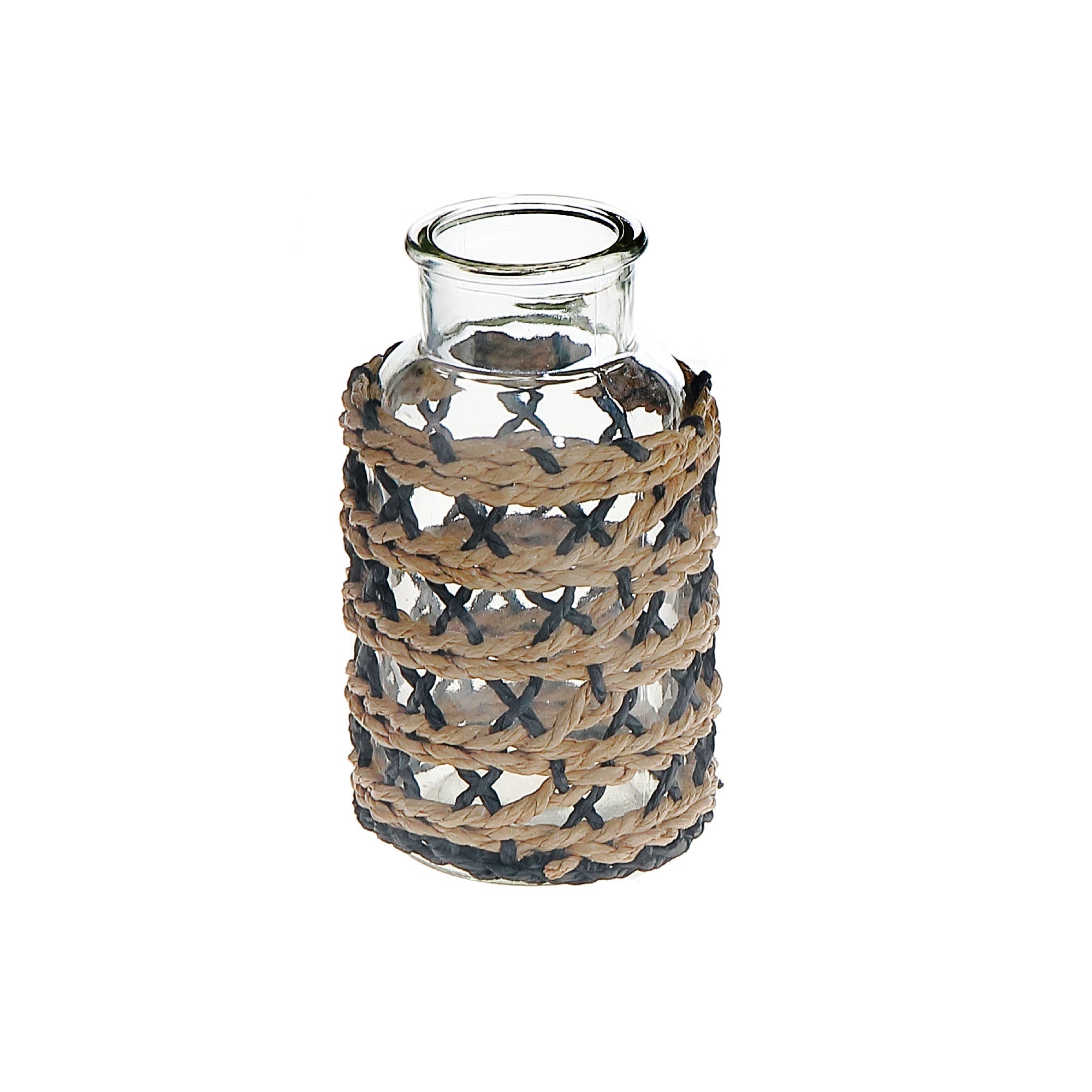 Maya Paper Rope Glass Bottle Candle Holder Brown Black, Paper Rope Glass Bottle Candle Holder, Rustic Tabletop Lantern