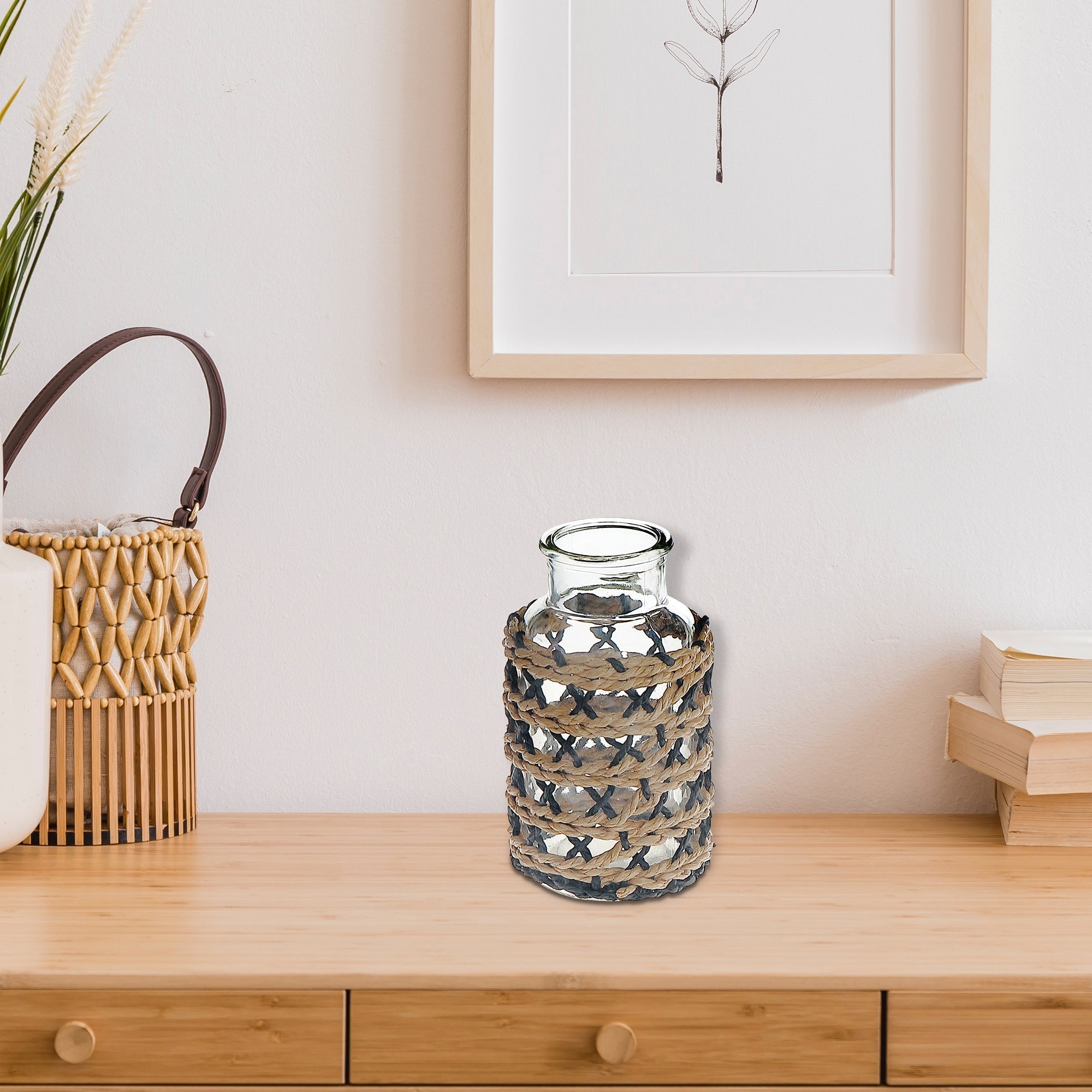 Maya Paper Rope Glass Bottle Candle Holder Brown Black, Paper Rope Glass Bottle Candle Holder, Rustic Tabletop Lantern