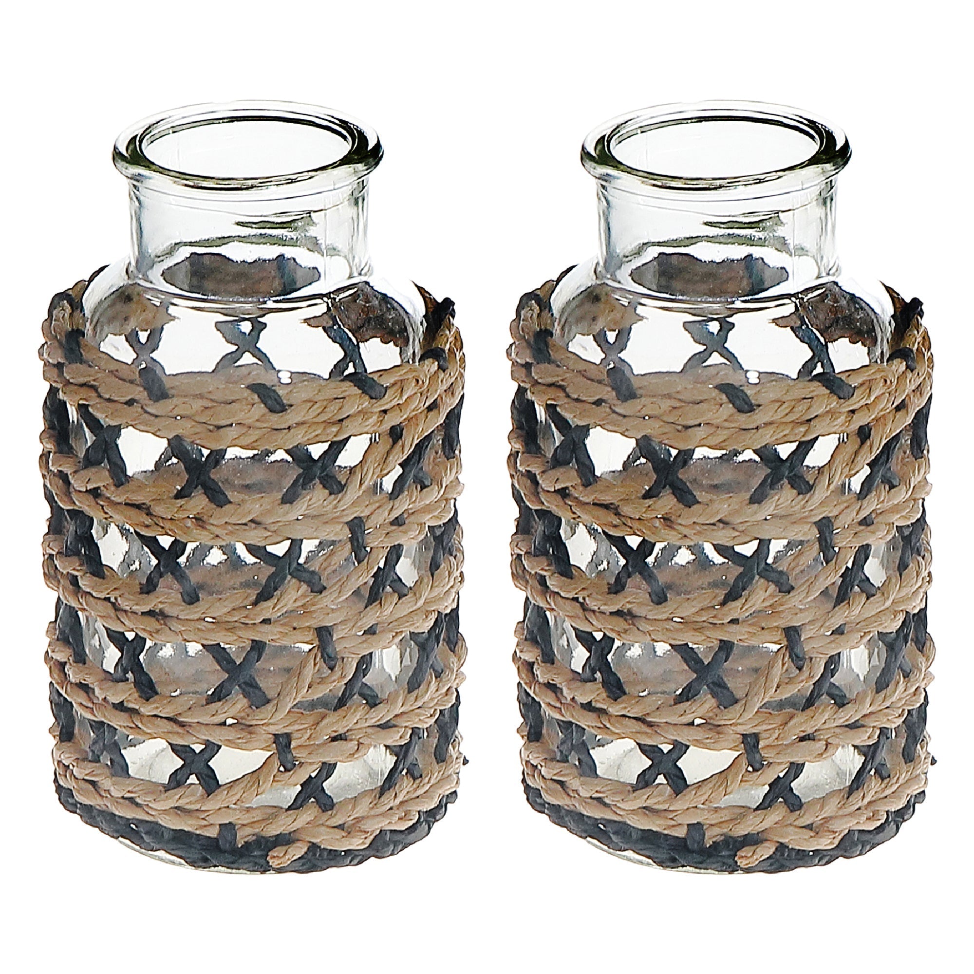 Maya Paper Rope Glass Bottle Candle Holder Brown Black, Paper Rope Glass Bottle Candle Holder, Rustic Tabletop Lantern