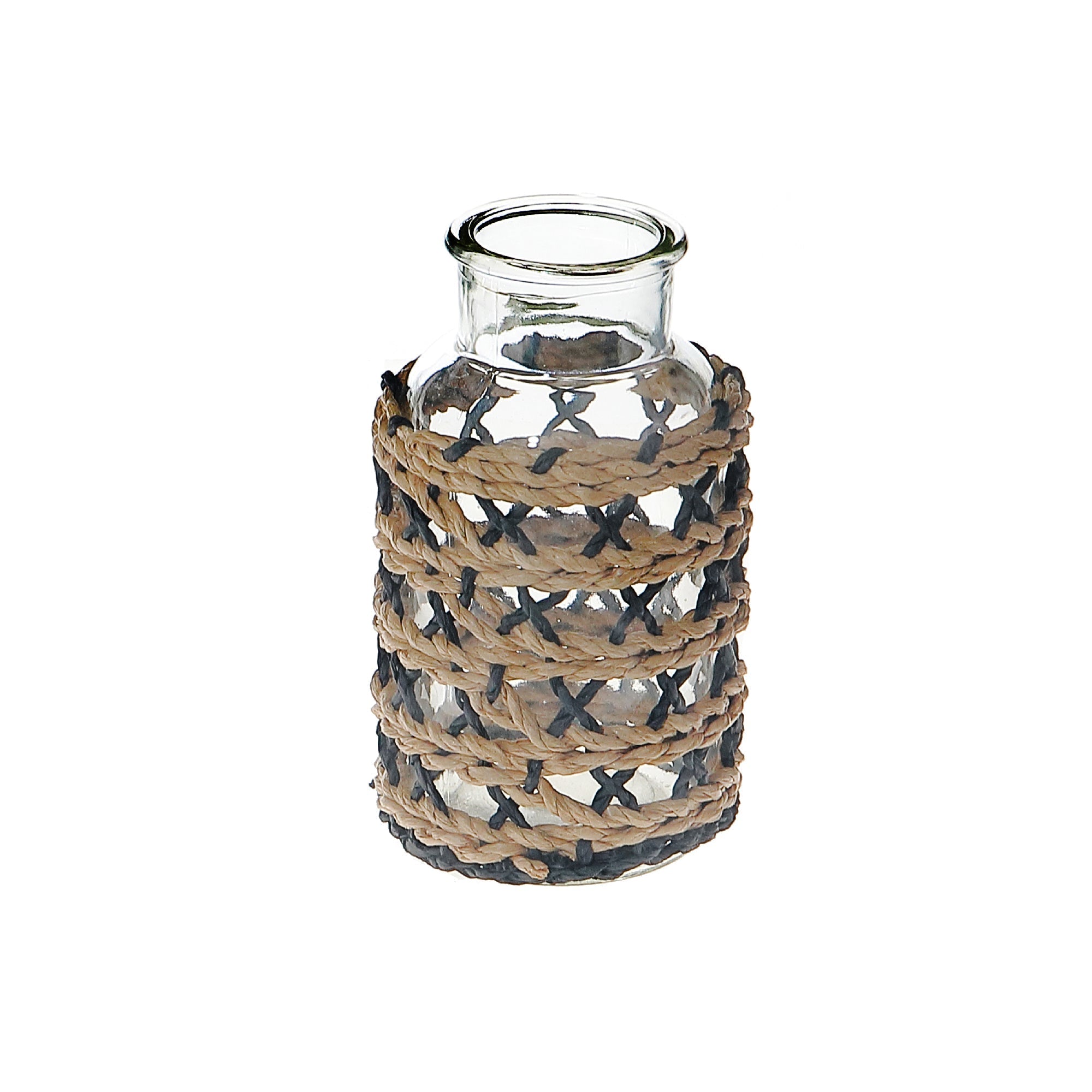Maya Paper Rope Glass Bottle Candle Holder Brown Black, Paper Rope Glass Bottle Candle Holder, Rustic Tabletop Lantern