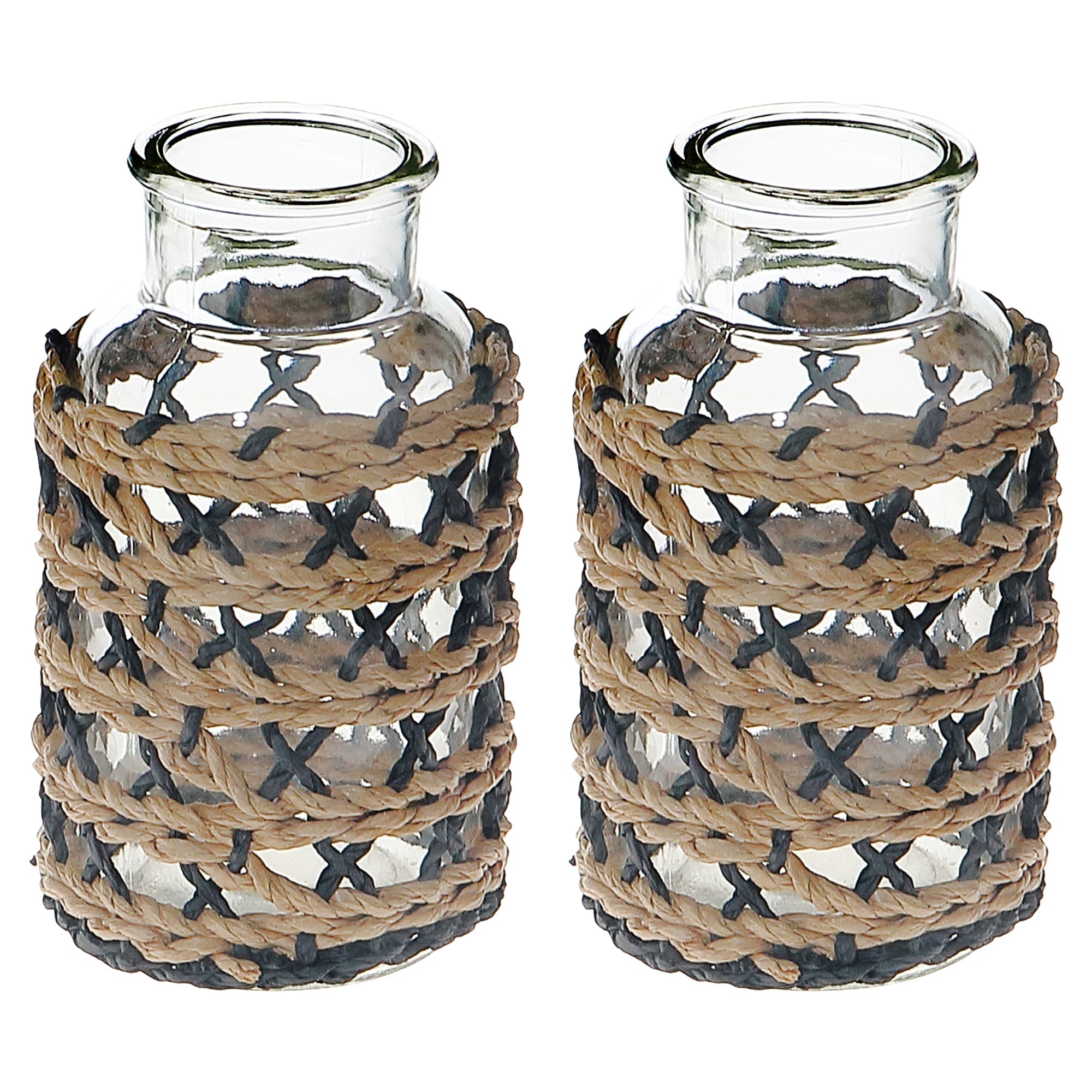 Maya Paper Rope Glass Bottle Candle Holder Brown Black, Paper Rope Glass Bottle Candle Holder, Rustic Tabletop Lantern