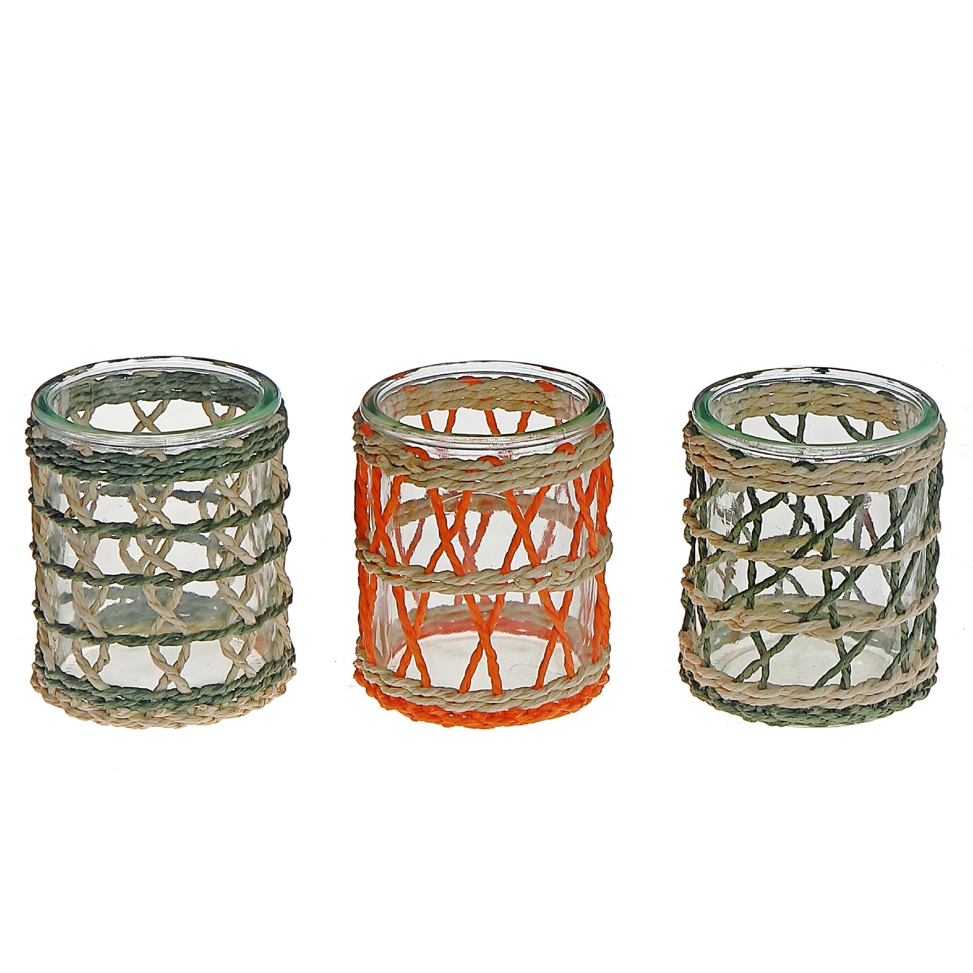 Kyla Paper Rope Round Glass Candle Holder Assorted Set Of 3, Round Paper Rope Glass Candle Holder Set Of 3, Decorative Lantern Style Accent