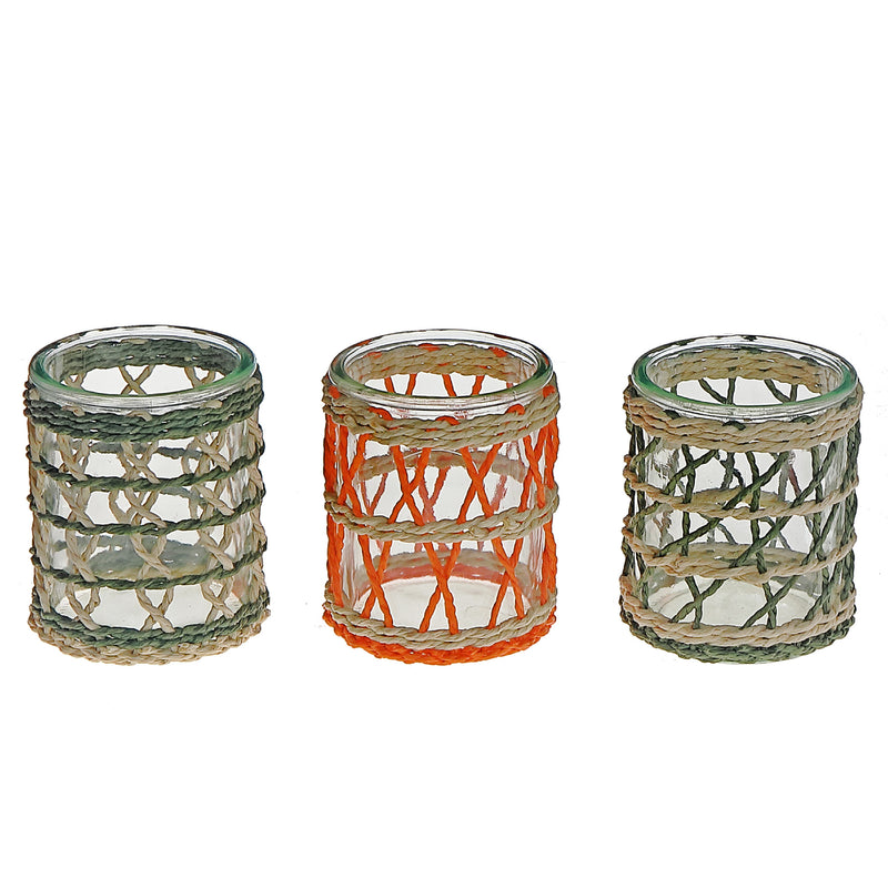 Kyla Paper Rope Round Glass Candle Holder Assorted - Set of 3