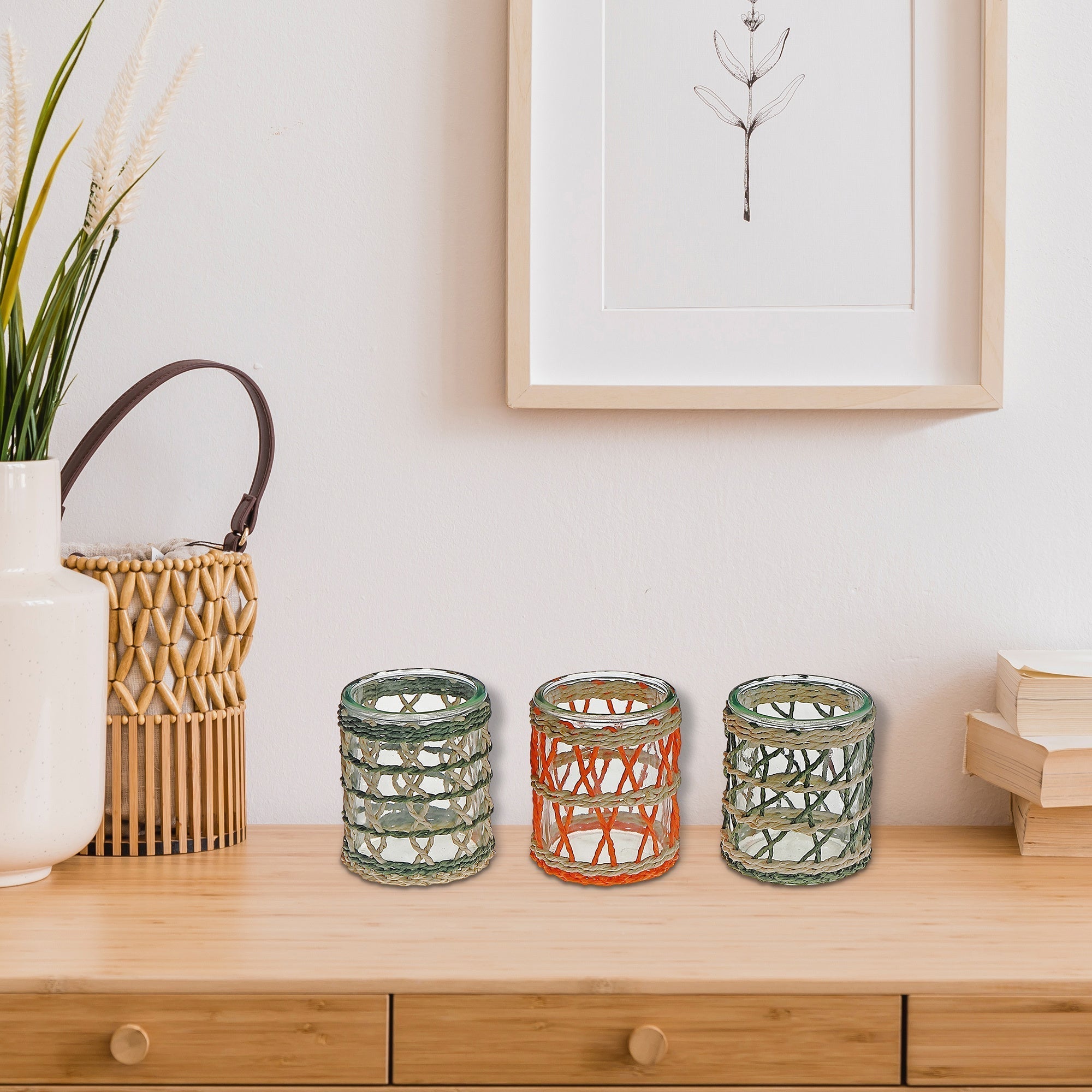 Kyla Paper Rope Round Glass Candle Holder Assorted Set Of 3, Round Paper Rope Glass Candle Holder Set Of 3, Decorative Lantern Style Accent