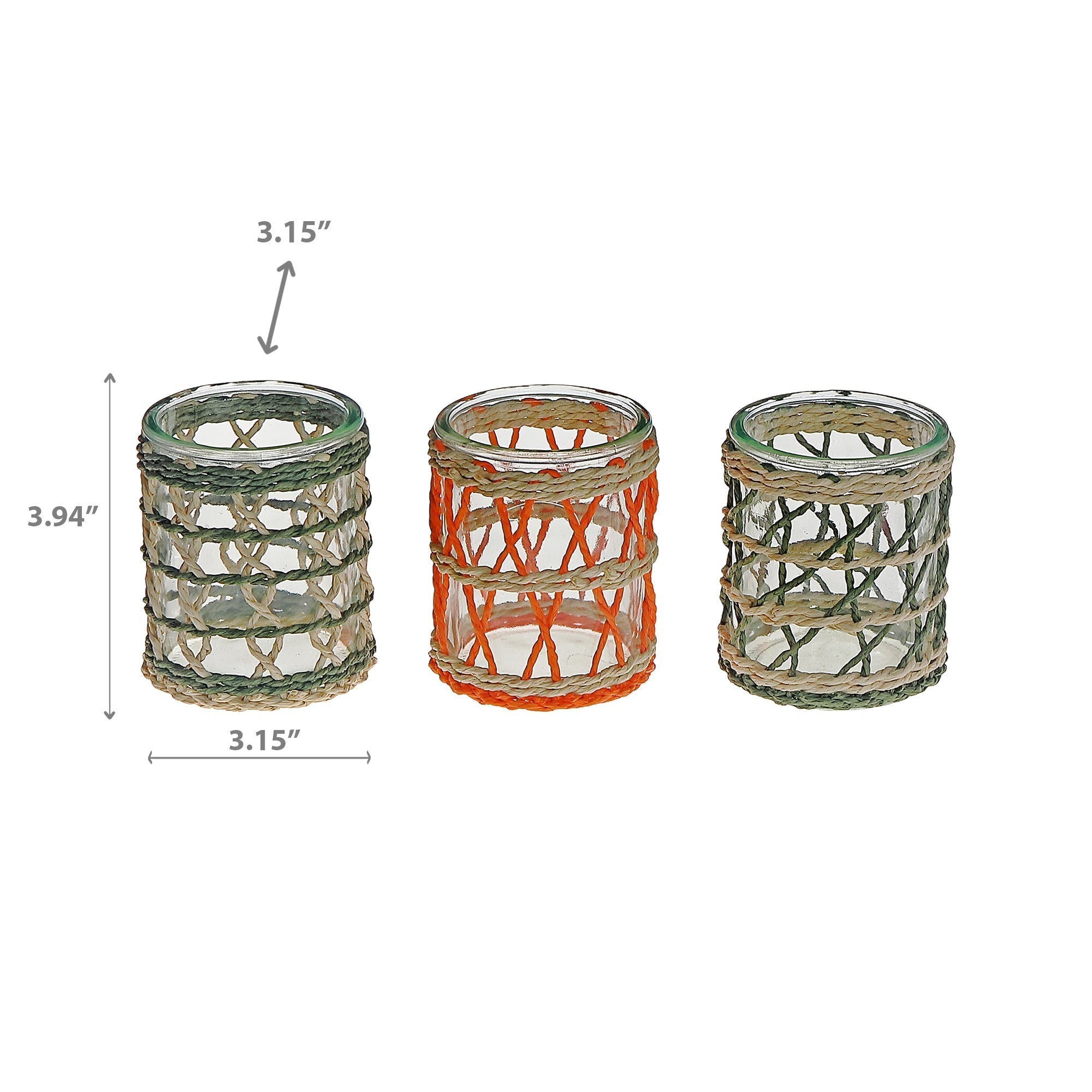 Kyla Paper Rope Round Glass Candle Holder Assorted Set Of 3, Round Paper Rope Glass Candle Holder Set Of 3, Decorative Lantern Style Accent