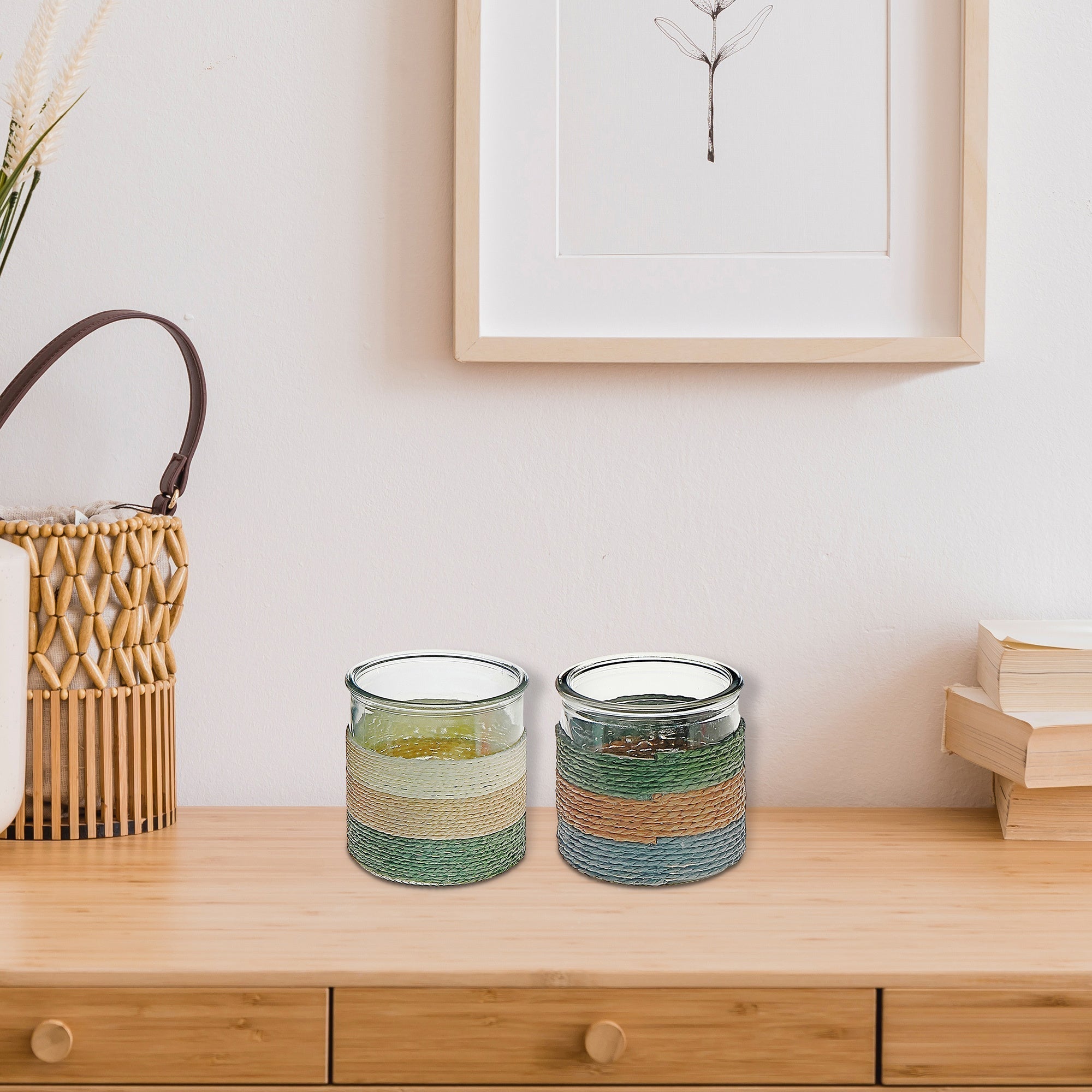 Gia Paper Rope Glass Candle Holder Assorted, Paper Rope Glass Candle Holder, Decorative Tabletop Lantern, Coastal Home Accent