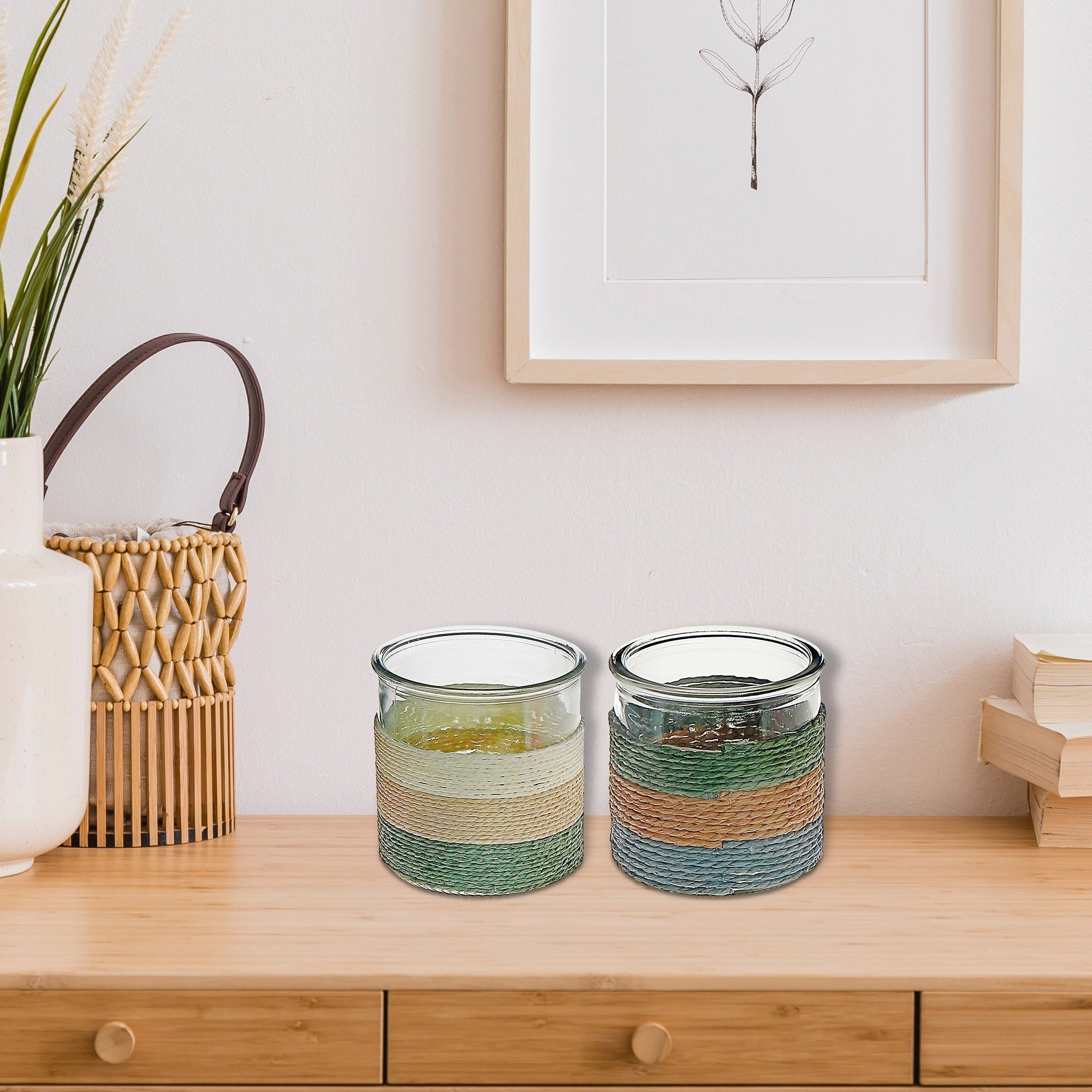 Gia Paper Rope Glass Candle Holder Assorted, Paper Rope Glass Candle Holder, Decorative Tabletop Lantern, Coastal Home Accent