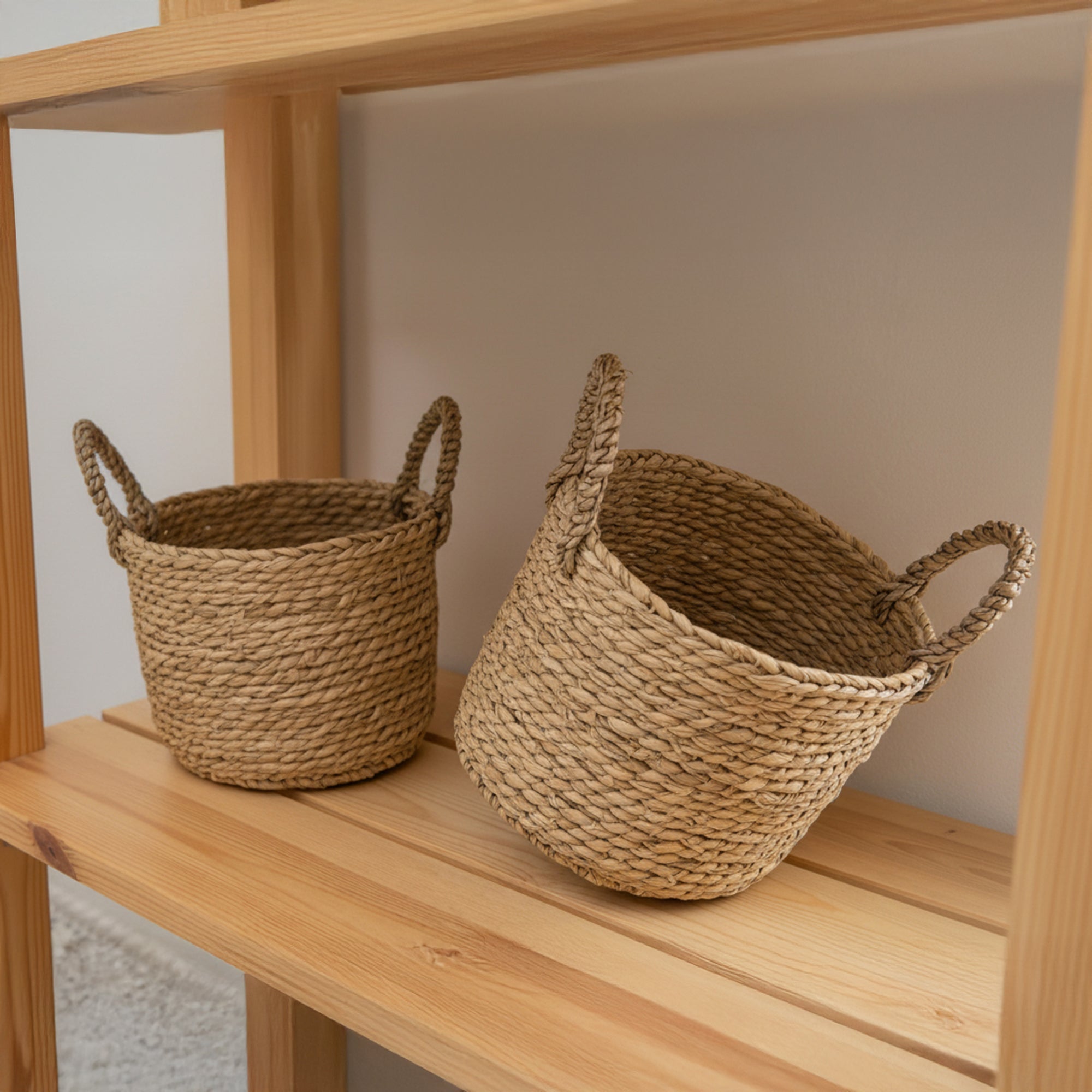 Set of 2 Natural Water Hyacinth Round Baskets with Handles