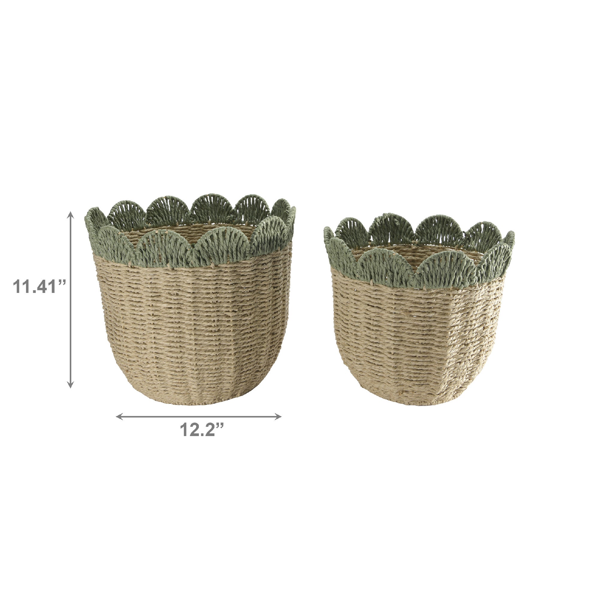 Set of 2 Green & Natural Rattan Baskets with Scalloped Edge