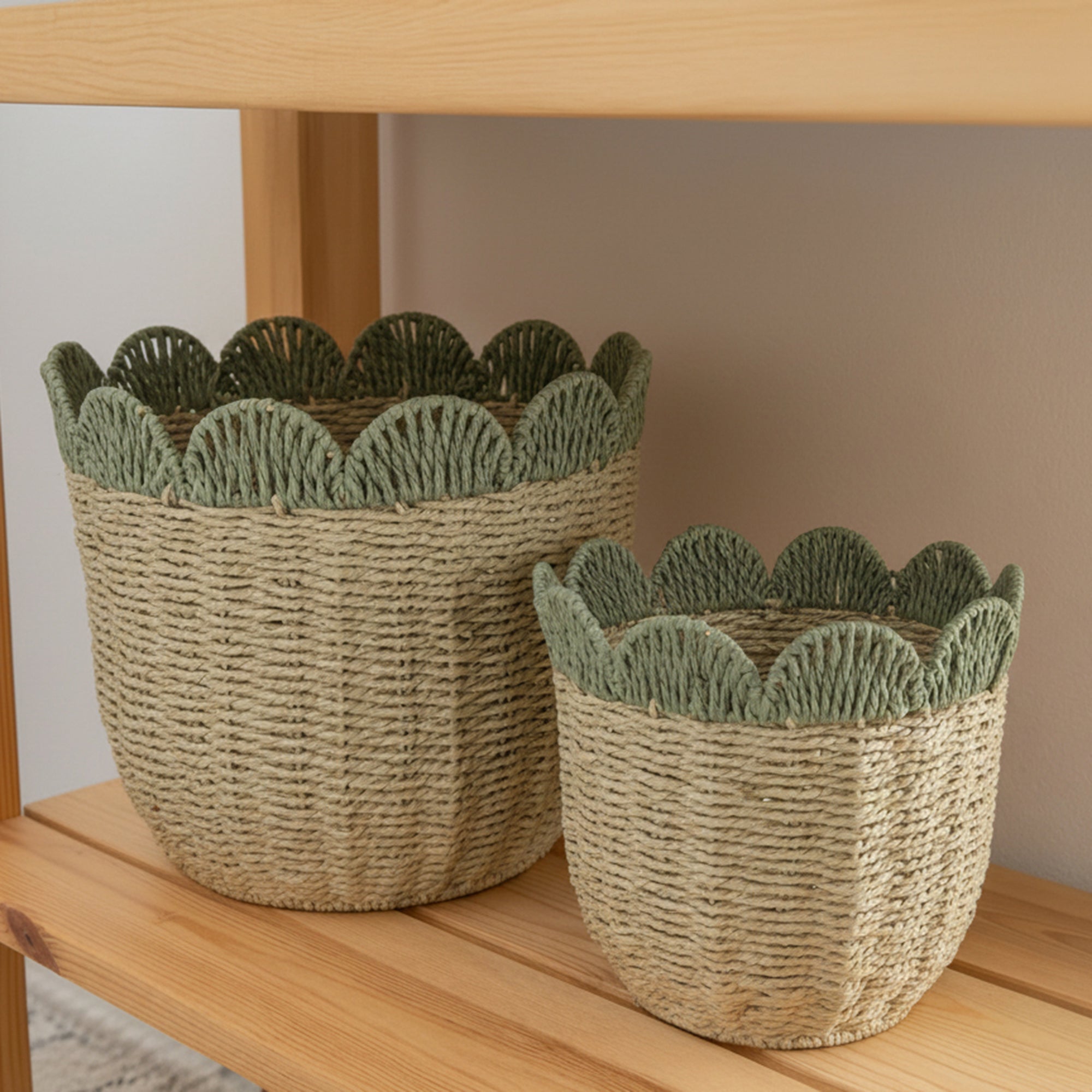 Set of 2 Green & Natural Rattan Baskets with Scalloped Edge