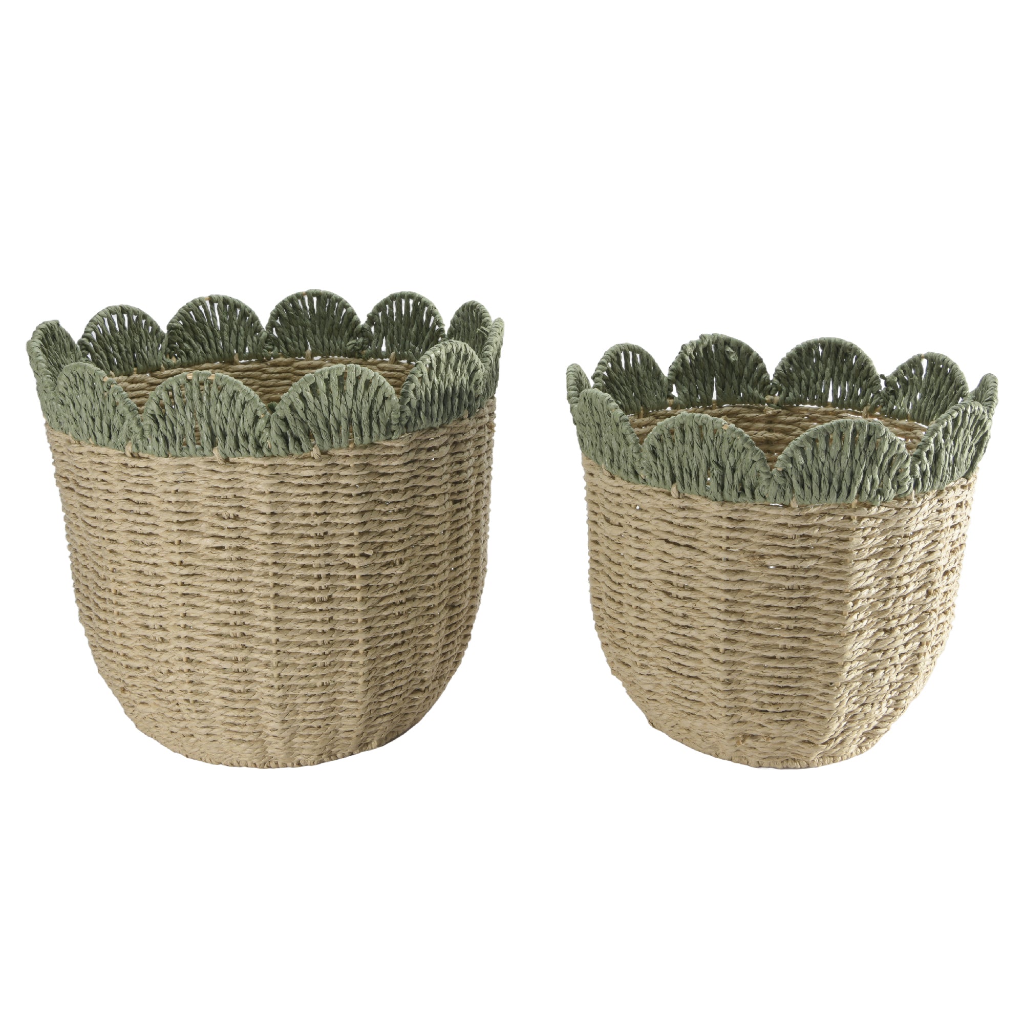 Set of 2 Green & Natural Rattan Baskets with Scalloped Edge