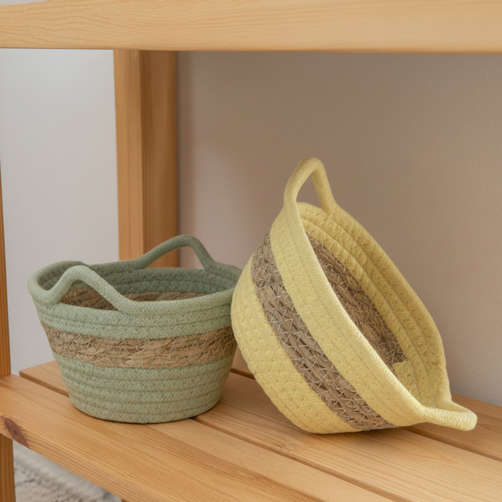Assorted Cotton & Natural Grass Basket with Handle - Set of 4