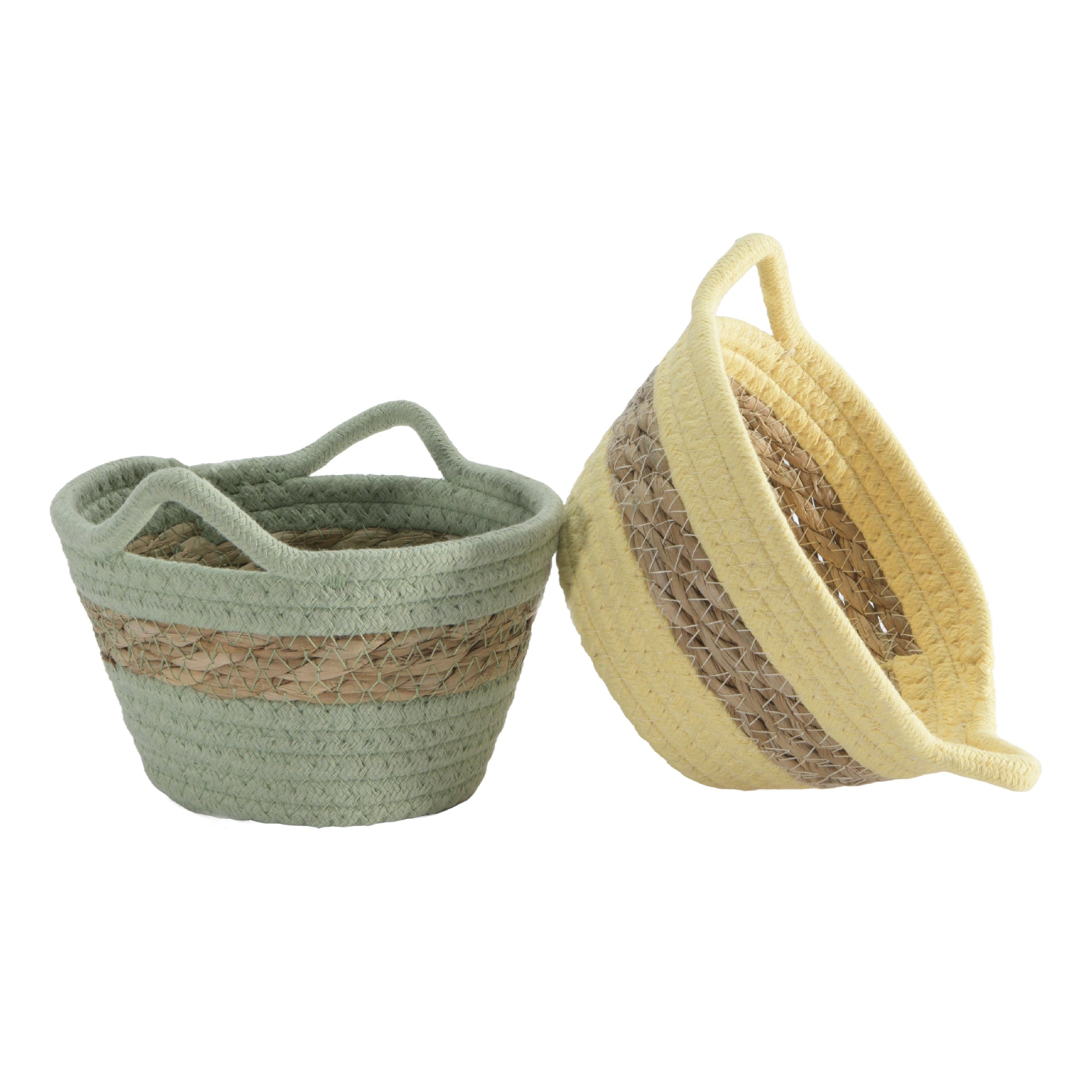 Assorted Cotton & Natural Grass Basket with Handle - Set of 4