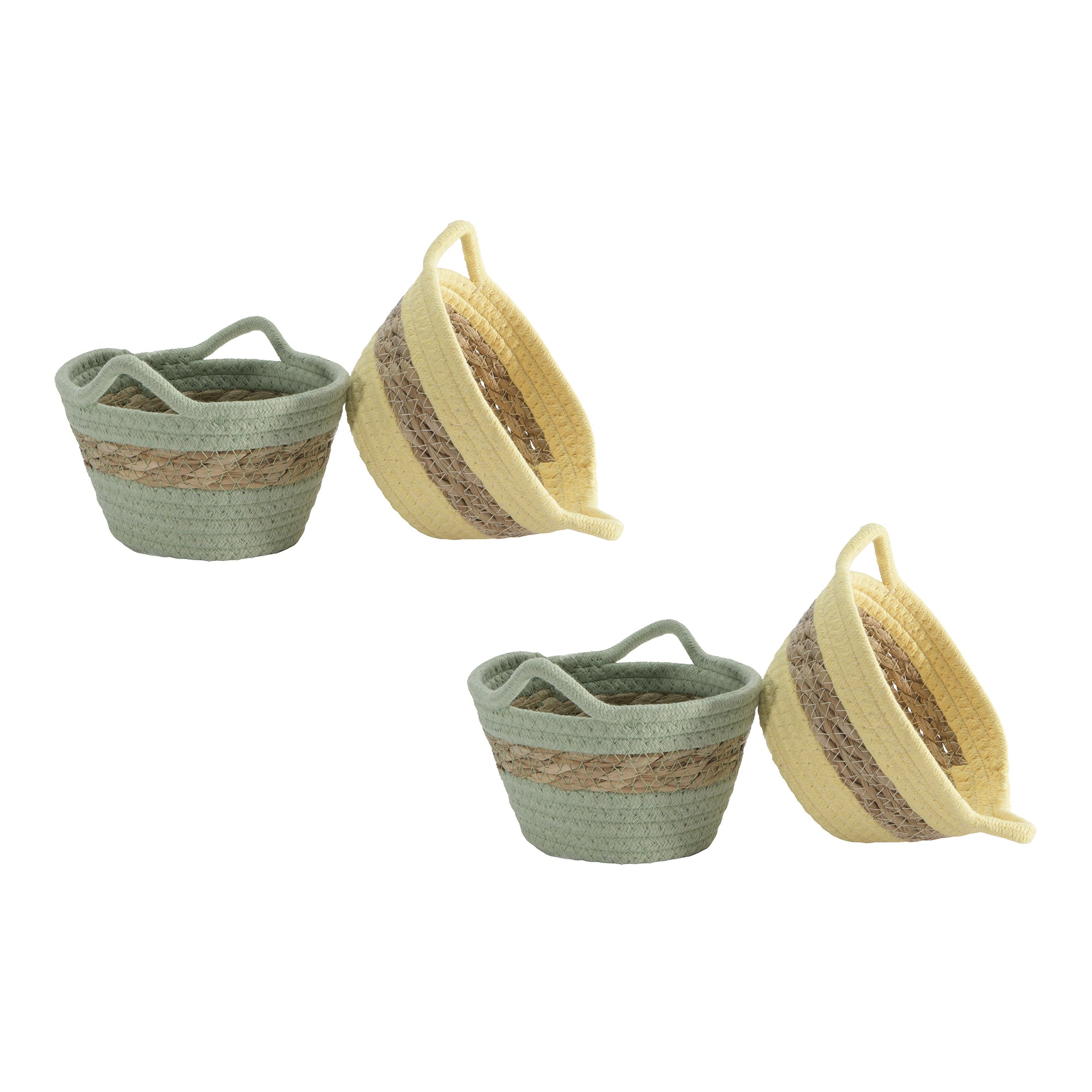 Assorted Cotton & Natural Grass Basket with Handle - Set of 4